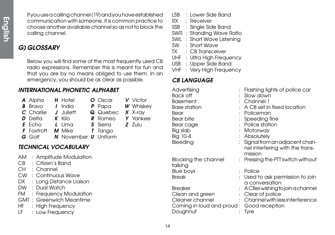 14  If you use a calling channel (19) and you have established communication with someone, it is common practice to choose another available channel so as not to block the calling channel.G) GLOSSARY Below you will ﬁnd some of the most frequently used CB radio expressions. Remember this is meant for fun and that you are by no means obliged to use them. In an emergency, you should be as clear as possible.INTERNATIONAL PHONETIC ALPHABET A Alpha  H Hotel  O Oscar  V Victor B Bravo  I India  P Papa  W Whiskey    C Charlie  J Juliett  Q Quebec  X X-ray D Delta  K Kilo  R Romeo  Y Yankee E Echo  L Lima  S Sierra  Z Zulu F Foxtrott  M Mike  T Tango G Golf  N November U UniformTECHNICAL VOCABULARYAM  :  Amplitude ModulationCB  :  Citizen’s BandCH  : ChannelCW  :  Continuous WaveDX  :  Long Distance LiaisonDW  :  Dual WatchFM  :  Frequency ModulationGMT  :  Greenwich MeantimeHF  :  High FrequencyLF  :  Low FrequencyLSB  :  Lower Side BandRX  : ReceiverSSB  :  Single Side BandSWR  :  Standing Wave RatioSWL  :  Short Wave ListeningSW  :  Short WaveTX  :  CB TransceiverUHF  :  Ultra High FrequencyUSB  :  Upper Side BandVHF  :  Very High FrequencyCB LANGUAGEAdvertising  :  Flashing lights of police carBack off  :  Slow downBasement  :  Channel 1Base station  :  A CB set in ﬁxed locationBear  : PolicemanBear bite  :  Speeding ﬁneBear cage  :  Police stationBig slab  :  MotorwayBig 10-4  :  AbsolutelyBleeding  :  Signal from an adjacent chan-    nel interfering with the trans-   missionBlocking the channel  :  Pressing the PTT switch without talkingBlue boys  :  PoliceBreak  :  Used to ask permission to join    a conversationBreaker  :  A CBer wishing to join a channelClean and green  :  Clear of policeCleaner  channel  :  Channel with less interferenceComing in loud and proud :  Good receptionDoughnut  : TyreEnglish