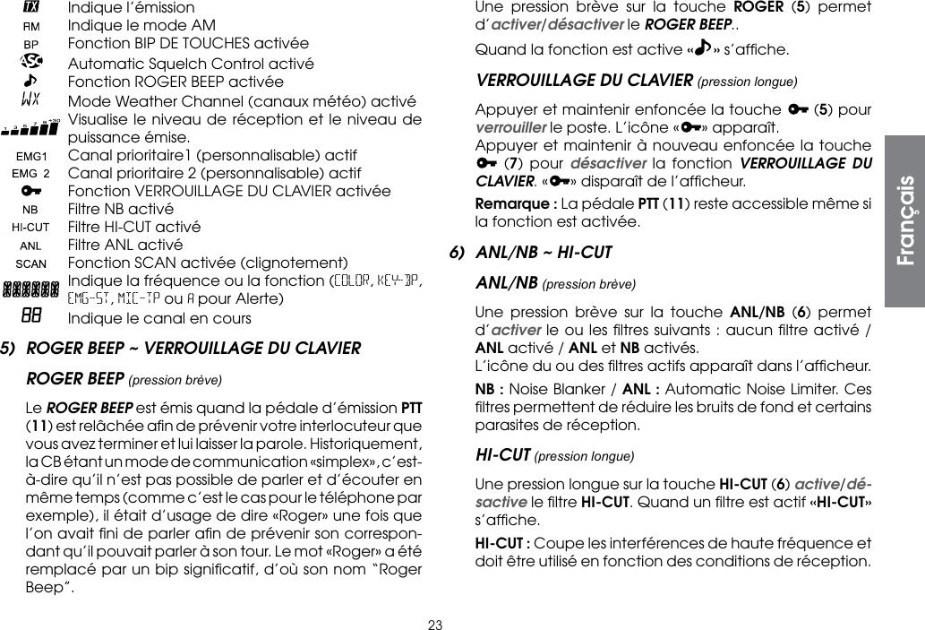 23    Indique l’émission    Indique le mode AM    Fonction BIP DE TOUCHES activée    Automatic Squelch Control activé    Fonction ROGER BEEP activée    Mode Weather Channel (canaux météo) activé   Visualise le niveau de réception et le niveau de puissance émise.   Canal prioritaire1 (personnalisable) actif   Canal prioritaire 2 (personnalisable) actif    Fonction VERROUILLAGE DU CLAVIER activée    Filtre NB activé    Filtre HI-CUT activé    Filtre ANL activé    Fonction SCAN activée (clignotement)    Indique la fréquence ou la fonction (COLOR, KEY-BP, EMG-ST, MIC-TP ou   pour Alerte)    Indique le canal en cours5)  ROGER BEEP ~ VERROUILLAGE DU CLAVIERROGER BEEP (pression brève) Le ROGER BEEP est émis quand la pédale d’émission PTT (11) est relâchée aﬁn de prévenir votre interlocuteur que vous avez terminer et lui laisser la parole. Historiquement, la CB étant un mode de communication «simplex», c’est-à-dire qu’il n’est pas possible de parler et d’écouter en même temps (comme c’est le cas pour le téléphone par exemple), il était d’usage de dire «Roger» une fois que l’on avait ﬁni de parler aﬁn de prévenir son correspon-dant qu’il pouvait parler à son tour. Le mot «Roger» a été remplacé par un bip signiﬁcatif, d’où son nom “Roger Beep”.  Une pression brève sur la touche ROGER (5) permet d’activer/désactiver le ROGER BEEP..  Quand la fonction est active «» s’afﬁche.VERROUILLAGE DU CLAVIER (pression longue)  Appuyer et maintenir enfoncée la touche   (5) pour verrouiller le poste. L’icône « » apparaît.  Appuyer et maintenir à nouveau enfoncée la touche  (7) pour désactiver la fonction VERROUILLAGE DU CLAVIER. « » disparaît de l’afﬁcheur.  Remarque : La pédale PTT (11) reste accessible même si la fonction est activée.6)  ANL/NB ~ HI-CUTANL/NB (pression brève)  Une pression brève sur la touche ANL/NB (6) permet d’activer le ou les ﬁltres suivants : aucun ﬁltre activé / ANL activé / ANL et NB activés.  L’icône du ou des ﬁltres actifs apparaît dans l’afﬁcheur. NB : Noise Blanker / ANL : Automatic Noise Limiter. Ces ﬁltres permettent de réduire les bruits de fond et certains parasites de réception.HI-CUT (pression longue) Une pression longue sur la touche HI-CUT (6) active/dé-sactive le ﬁltre HI-CUT. Quand un ﬁltre est actif «HI-CUT» s’afﬁche. HI-CUT : Coupe les interférences de haute fréquence et doit être utilisé en fonction des conditions de réception.Français
