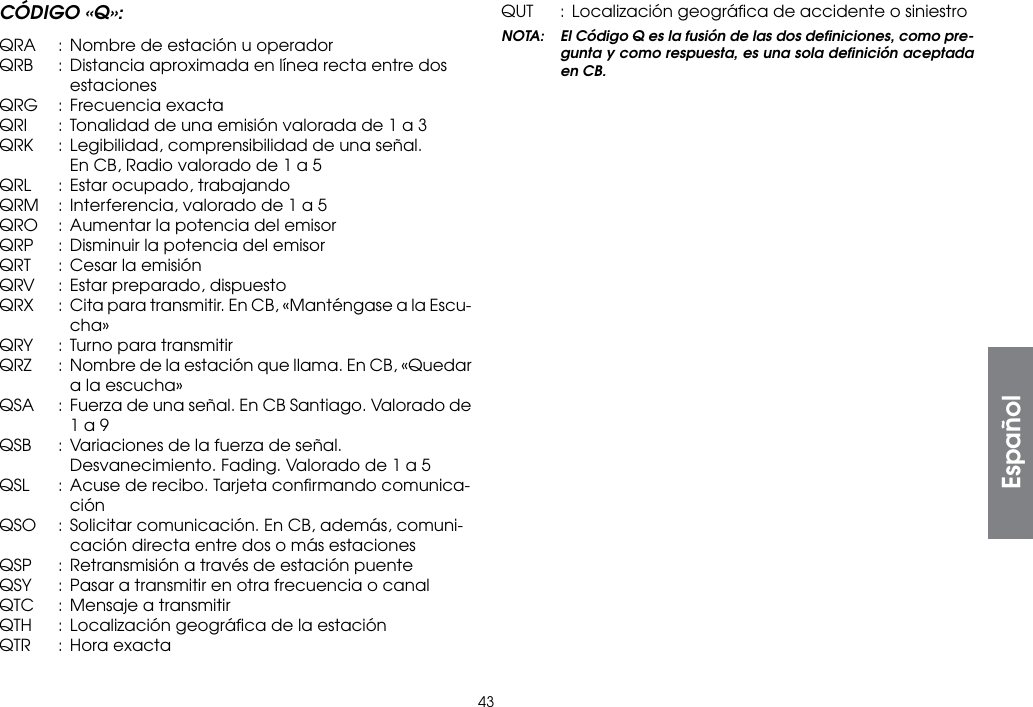 43CÓDIGO «Q»:QRA  :  Nombre de estación u operadorQRB  :  Distancia aproximada en línea recta entre dos   estacionesQRG  :  Frecuencia exactaQRI   :  Tonalidad de una emisión valorada de 1 a 3QRK  :  Legibilidad, comprensibilidad de una señal.      En CB, Radio valorado de 1 a 5QRL  :  Estar ocupado, trabajandoQRM  :  Interferencia, valorado de 1 a 5QRO  :  Aumentar la potencia del emisorQRP  :  Disminuir la potencia del emisorQRT  :  Cesar la emisiónQRV  :  Estar preparado, dispuestoQRX  :  Cita para transmitir. En CB, «Manténgase a la Escu-   cha»QRY  :  Turno para transmitirQRZ  :  Nombre de la estación que llama. En CB, «Quedar      a la escucha»QSA  :  Fuerza de una señal. En CB Santiago. Valorado de      1 a 9QSB  :  Variaciones de la fuerza de señal.      Desvanecimiento. Fading. Valorado de 1 a 5QSL  : Acuse de recibo. Tarjeta conﬁrmando comunica-   ciónQSO  :  Solicitar comunicación. En CB, además, comuni-      cación directa entre dos o más estacionesQSP  :  Retransmisión a través de estación puenteQSY  :  Pasar a transmitir en otra frecuencia o canalQTC  : Mensaje a transmitirQTH  :  Localización geográﬁca de la estaciónQTR  :  Hora exactaQUT  :  Localización geográﬁca de accidente o siniestroNOTA:  El Código Q es la fusión de las dos deﬁniciones, como pre-gunta y como respuesta, es una sola deﬁnición aceptada en CB.Español