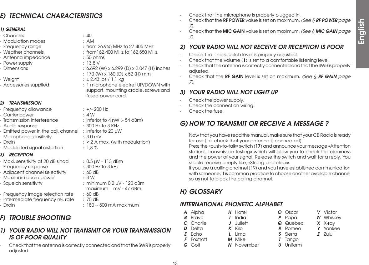 13E)  TECHNICAL CHARACTERISTICS1) GENERAL- Channels  : 40-  Modulation modes  :  AM-  Frequency range  :  from 26.965 MHz to 27.405 MHz-  Weather channels  :  from162,400 MHz to 162,550 MHz-  Antenna impedance  :  50 ohms-  Power supply  :  13.8 V-  Dimensions  :  6.692 (W) x 6.299 (D) x 2.047 (H) inches      :  170 (W) x 160 (D) x 52 (H) mm-  Weight  :  ± 2.43 lbs / 1.1 kg-  Accessories supplied  :  1 microphone electret UP/DOWN with        support, mounting cradle, screws and        fused power cord.2) TRANSMISSION-  Frequency allowance  :  +/- 200 Hz-  Carrier power  :  4 W-  Transmission interference  :  inferior to 4 nW (- 54 dBm)-  Audio response  :  300 Hz to 3 KHz-  Emitted power in the adj. channel  :  inferior to 20 µW-  Microphone sensitivity  :  3.0 mV-  Drain  :  &lt; 2 A max. (with modulation)-  Modulated signal distortion  :  1,8 %3) RECEPTION-  Maxi. sensitivity at 20 dB sinad  :  0.5 µV - 113 dBm-  Frequency response  :  300 Hz to 3 kHz-  Adjacent channel selectivity  :  60 dB-  Maximum audio power  :  3 W-  Squelch sensitivity  :  minimum 0.2 µV - 120 dBm        maximum 1 mV - 47 dBm-  Frequency image rejection rate  :  60 dB-  Intermediate frequency rej. rate  :  70 dB-  Drain  :  180 ~ 500 mA maximumF)  TROUBLE SHOOTING1)  YOUR RADIO WILL NOT TRANSMIT OR YOUR TRANSMISSION IS OF POOR QUALITY-  Check that the antenna is correctly connected and that the SWR is properly adjusted.-  Check that the microphone is properly plugged in.-  Check that the RF POWER value is set on maximum. (See § RF POWER page 7).-  Check that the MIC GAIN value is set on maximum. (See § MIC GAIN page 7).2)  YOUR RADIO WILL NOT RECEIVE OR RECEPTION IS POOR-  Check that the squelch level is properly adjusted.-  Check that the volume (1) is set to a comfortable listening level.-  Check that the antenna is correctly connected and that the SWR is properly adjusted.-  Check that the RF GAIN level is set on maximum. (See § RF GAIN page 7).3)  YOUR RADIO WILL NOT LIGHT UP-  Check the power supply.-  Check the connection wiring.-  Check the fuse.G) HOW TO TRANSMIT OR RECEIVE A MESSAGE ?  Now that you have read the manual, make sure that your CB Radio is ready for use (i.e. check that your antenna is connected).  Press the «push-to-talk» switch (17) and announce your message «Attention stations, transmission testing» which will allow you to check the clearness and the power of your signal. Release the switch and wait for a reply. You should receive a reply like, «Strong and clear».  If you use a calling channel (19) and you have established communication with someone, it is common practice to choose another available channel so as not to block the calling channel.H) GLOSSARYINTERNATIONAL PHONETIC ALPHABET A Alpha  H Hotel  O Oscar  V Victor B Bravo  I India  P Papa  W Whiskey C Charlie  J Juliett  Q Quebec  X X-ray D Delta  K Kilo  R Romeo  Y Yankee E Echo  L Lima  S Sierra  Z Zulu F Foxtrott  M Mike  T Tango G Golf  N November  U UniformEnglish