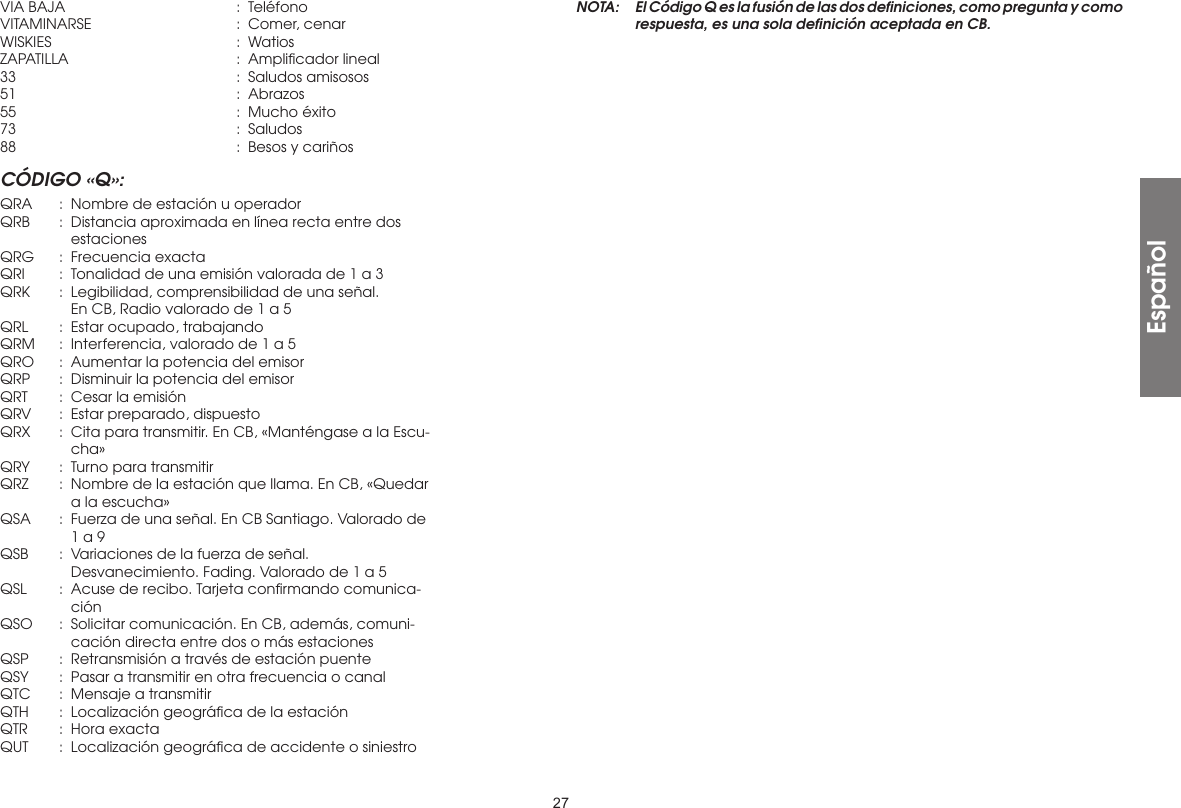 27VIA BAJA  :  TeléfonoVITAMINARSE  :  Comer, cenarWISKIES  : WatiosZAPATILLA  :  Ampliﬁcador lineal33    :  Saludos amisosos51    : Abrazos55    :  Mucho éxito73    : Saludos88    :  Besos y cariñosCÓDIGO «Q»:QRA  :  Nombre de estación u operadorQRB  :  Distancia aproximada en línea recta entre dos   estacionesQRG  :  Frecuencia exactaQRI   :  Tonalidad de una emisión valorada de 1 a 3QRK  :  Legibilidad, comprensibilidad de una señal.      En CB, Radio valorado de 1 a 5QRL   :  Estar ocupado, trabajandoQRM  :  Interferencia, valorado de 1 a 5QRO  :  Aumentar la potencia del emisorQRP  :  Disminuir la potencia del emisorQRT   :  Cesar la emisiónQRV  :  Estar preparado, dispuestoQRX  :  Cita para transmitir. En CB, «Manténgase a la Escu-   cha»QRY  :  Turno para transmitirQRZ   :  Nombre de la estación que llama. En CB, «Quedar      a la escucha»QSA  :  Fuerza de una señal. En CB Santiago. Valorado de      1 a 9QSB   :  Variaciones de la fuerza de señal.      Desvanecimiento. Fading. Valorado de 1 a 5QSL   :  Acuse de recibo. Tarjeta conﬁrmando comunica-   ciónQSO  :  Solicitar comunicación. En CB, además, comuni-      cación directa entre dos o más estacionesQSP   :  Retransmisión a través de estación puenteQSY   :  Pasar a transmitir en otra frecuencia o canalQTC  :  Mensaje a transmitirQTH   :  Localización geográﬁca de la estaciónQTR   :  Hora  exactaQUT   :  Localización geográﬁca de accidente o siniestroEspañolNOTA:  El Código Q es la fusión de las dos deﬁniciones, como pregunta y como respuesta, es una sola deﬁnición aceptada en CB.
