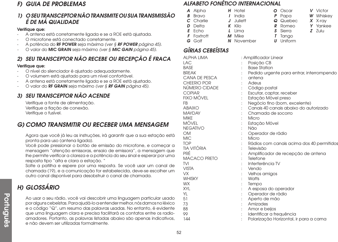 52PortuguêsF)  GUIA DE PROBLEMAS1)  O SEU TRANSCEPTOR NÃO TRANSMITE OU SUA TRANSMISSÃO É DE MÁ QUALIDADEVeriﬁque que:-  A antena está corretamente ligada e se a ROE está ajustada.-  O microfone está conectado corretamente.-  A potência do RF POWER seja máxima (ver § RF POWER página 45).-  O valor do MIC GRAIN seja máximo (ver § MIC GAIN página 45).2)  SEU TRANSCEPTOR NÃO RECEBE OU RECEPÇÃO É FRACAVeriﬁque que:-  O nível do silenciador é ajustado adequadamente.-  O volumem está ajustado para um nível confortável.-  A antena está corretamente ligada e se a ROE está ajustado.-  O valor do RF GRAIN seja máximo (ver § RF GAIN página 45).3)  SEU TRANSCEPTOR NÃO ACENDE  Veriﬁque a fonte de alimentação.  Veriﬁque a ﬁação de conexão.  Veriﬁque o fusível.G) COMO TRANSMITIR OU RECEBER UMA MENSAGEM  Agora que você já leu as instruções, irá garantir que a sua estação está pronta para uso (antena ligada).  Você pode pressionar o botão de emissão do microfone, e começar a mensagem “atenção emissoras, ensaio de emissora”, a mensagem que lhe permite veriﬁcar a clareza e a potência do seu sinal e esperar por uma resposta tipo “alta e clara a estação. “  Solte a patilha e espere por uma resposta. Se você usar um canal de chamada (19), e a comunicação for estabelecida, deve-se escolher um outro canal disponível para desobstruir o canal de chamada.H) GLOSSÁRIO  Ao usar o seu rádio, você vai descobrir uma linguagem particular usado por alguns cebeístas. Para ajudá-lo a entender melhor, nós damos no léxico e o código “Q”, um resumo das palavras usadas. No entanto, é evidente que uma linguagem clara e precisa facilitará os contatos entre os radio-amadores. Portanto, as palavras listadas abaixo são apenas indicativos, e não devem ser utilizadas formalmente.ALFABETO FONÉTICO INTERNACIONAL A Alpha  H Hotel   Oscar  V Victor B Bravo  I India  P Papa  W Whiskey C Charlie  J Juliett  Q Quebec  X X-ray D Delta  K Kilo  R Romeo  Y Yankee E Echo  L Lima  S Sierra  Z Zulu F Foxtrott  M Mike  T Tango  G Golf  N November  U UniformGÍRIAS CEBEÍSTASALPHA LIMA  : Ampliﬁcador LinearLAC   :  Posição  CBBASE  :  Base StationBREAK  :  Pedido urgente para entrar, interrompendoCANA DE PESCA  :  antenaCHEERIO POR  :  AdeusNÚMERO CIDADE  :  Código postalCOPIAR  :  Escutar, captar, receberFIXO MÓVEL  :  Estação Móvel presoFB    :  Negócio ﬁno (bom, excelente)ABAIXO  :  Canais 40 canais abaixo do autorizadoMAYDAY  :  Chamada de socorroMIKE  : MicroMÓVEL  :  Estação MóvelNEGATIVO  : NãoOM   :  Operador de rádioMIC   :  MicroTOP   :  Rádios com canais acima dos 40 permitidosTIA VITÓRIA  :  TelevisãoPRÉ   :  Ampliﬁcador de recepção de antenaMACACO PRETO  :  TelefoneTVI    :  Interferência TVVISTA  : VendoVX    :  Velhos amigosWHISKY  : WattsWX   :  TempoXYL   :  A esposa do operadorYL    :  Operador de rádio51    :  Aperto de mão73   :  Amizades88    :  Amor e beijos99    :  Identiﬁcar a frequência144   :  Polarização Horizontal, ir para a cama