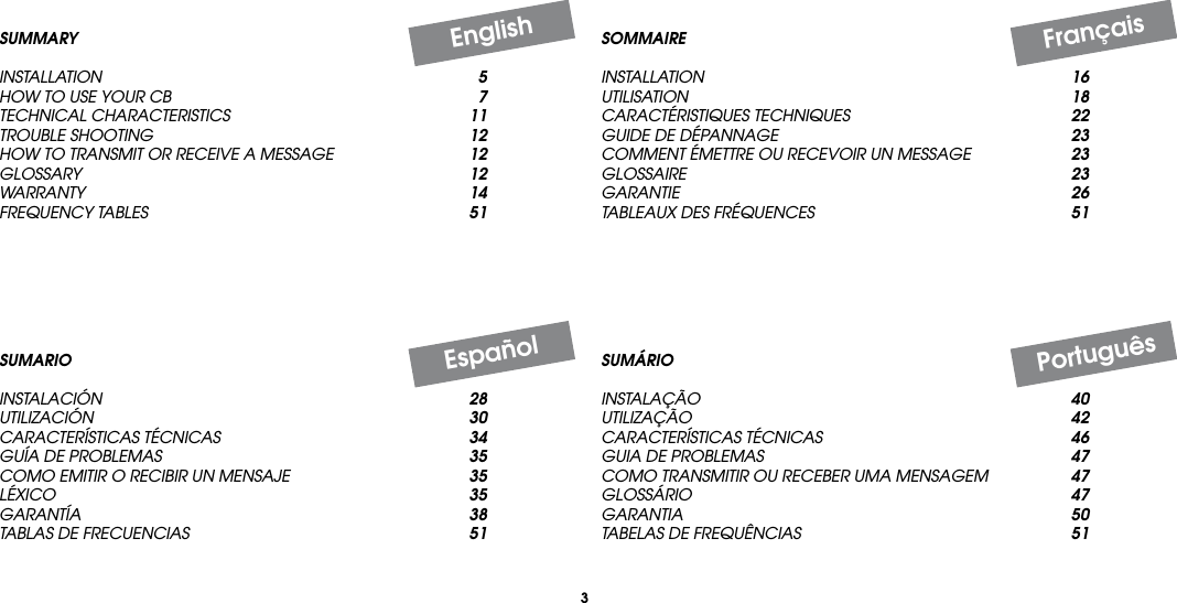 3SOMMAIREINSTALLATION  16UTILISATION  18CARACTÉRISTIQUES TECHNIQUES  22GUIDE DE DÉPANNAGE  23COMMENT ÉMETTRE OU RECEVOIR UN MESSAGE  23GLOSSAIRE  23GARANTIE  26TABLEAUX DES FRÉQUENCES  51SUMÁRIOINSTALAÇÃO  40UTILIZAÇÃO  42CARACTERÍSTICAS TÉCNICAS  46GUIA DE PROBLEMAS  47COMO TRANSMITIR OU RECEBER UMA MENSAGEM  47GLOSSÁRIO  47GARANTIA  50TABELAS DE FREQUÊNCIAS  51SUMARIOINSTALACIÓN 28UTILIZACIÓN 30CARACTERÍSTICAS TÉCNICAS 34GUÍA DE PROBLEMAS 35COMO EMITIR O RECIBIR UN MENSAJE 35LÉXICO 35GARANTÍA 38TABLAS DE FRECUENCIAS 51SUMMARYINSTALLATION 5HOW TO USE YOUR CB 7TECHNICAL CHARACTERISTICS 11TROUBLE SHOOTING 12HOW TO TRANSMIT OR RECEIVE A MESSAGE 12GLOSSARY 12WARRANTY  14FREQUENCY TABLES 51FrançaisPortuguêsEspañolEnglish