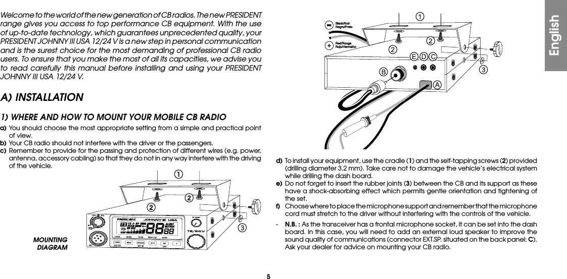 5MOUNTING DIAGRAMWelcome to the world of the new generation of CB radios. The new PRESIDENT range gives you access to top performance CB equipment. With the use of up-to-date technology, which guarantees unprecedented quality, your PRESIDENT JOHNNY III USA 12/24 V is a new step in personal communication and is the surest choice for the most demanding of professional CB radio users. To ensure that you make the most of all its capacities, we advise you to read carefully this manual before installing and using your PRESIDENT JOHNNY III USA 12/24 V.A) INSTALLATION1) WHERE AND HOW TO MOUNT YOUR MOBILE CB RADIOa) You should choose the most appropriate setting from a simple and practical point of view.b) Your CB radio should not interfere with the driver or the passengers.c) Remember to provide for the passing and protection of different wires (e.g. power, antenna, accessory cabling) so that they do not in any way interfere with the driving of the vehicle. d) To install your equipment, use the cradle (1) and the self-tapping screws (2) provided (drilling diameter 3.2 mm). Take care not to damage the vehicle’s electrical system while drilling the dash board.e) Do not forget to insert the rubber joints (3) between the CB and its support as these have a shock-absorbing effect which permits gentle orientation and tightening of the set.f)  Choose where to place the microphone support and remember that the microphone cord must stretch to the driver without interfering with the controls of the vehicle.-  N.B. : As the transceiver has a frontal microphone socket, it can be set into the dash board. In this case, you will need to add an external loud speaker to improve the sound quality of communications (connector EXT.SP. situated on the back panel: C). Ask your dealer for advice on mounting your CB radio.English