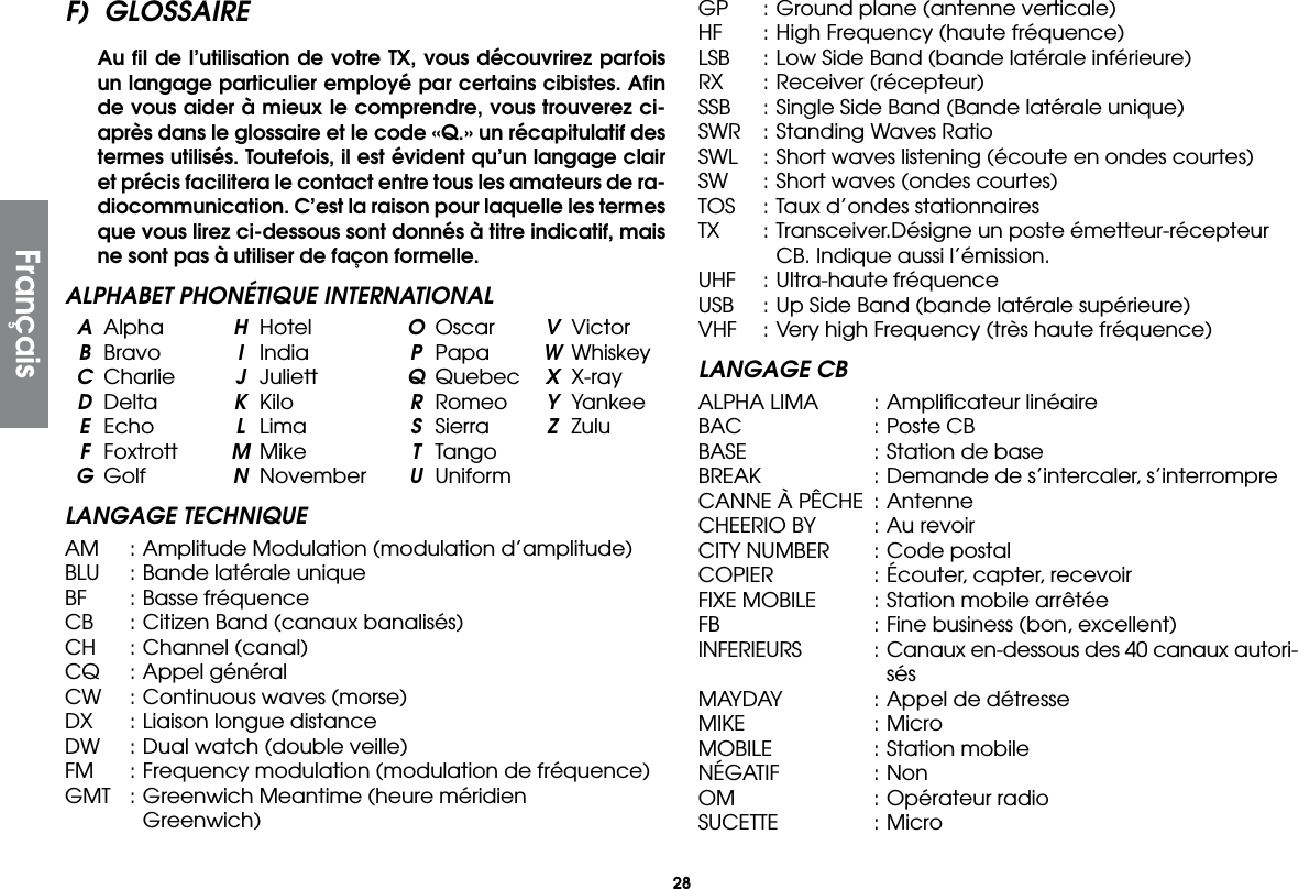 28F) GLOSSAIRE  Au ﬁl de l’utilisation de votre TX, vous découvrirez parfois un langage particulier employé par certains cibistes. Aﬁn de vous aider à mieux le comprendre, vous trouverez ci-après dans le glossaire et le code «Q.» un récapitulatif des termes utilisés. Toutefois, il est évident qu’un langage clair et précis facilitera le contact entre tous les amateurs de ra-diocommunication. C’est la raison pour laquelle les termes que vous lirez ci-dessous sont donnés à titre indicatif, mais ne sont pas à utiliser de façon formelle.ALPHABET PHONÉTIQUE INTERNATIONAL A Alpha  H Hotel  O Oscar  V Victor B Bravo  I India  P Papa  W Whiskey C Charlie  J Juliett  Q Quebec  X X-ray D Delta  K  Kilo  R Romeo  Y Yankee E Echo  L  Lima  S  Sierra  Z Zulu F Foxtrott  M Mike  T Tango G Golf  N November U UniformLANGAGE TECHNIQUEAM  : Amplitude Modulation (modulation d’amplitude)BLU  : Bande latérale uniqueBF  : Basse fréquenceCB  : Citizen Band (canaux banalisés)CH  : Channel (canal)CQ  : Appel généralCW  : Continuous waves (morse)DX  : Liaison longue distanceDW  : Dual watch (double veille)FM  : Frequency modulation (modulation de fréquence)GMT  : Greenwich Meantime (heure méridien Greenwich) GP  : Ground plane (antenne verticale)HF  : High Frequency (haute fréquence)LSB  : Low Side Band (bande latérale inférieure)RX  : Receiver (récepteur)SSB  : Single Side Band (Bande latérale unique)SWR  : Standing Waves RatioSWL  : Short waves listening (écoute en ondes courtes)SW  : Short waves (ondes courtes)TOS  : Taux d’ondes stationnairesTX  : Transceiver.Désigne un poste émetteur-récepteur CB. Indique aussi l’émission.UHF  : Ultra-haute fréquenceUSB  : Up Side Band (bande latérale supérieure)VHF  : Very high Frequency (très haute fréquence)LANGAGE CBALPHA LIMA  : Ampliﬁcateur linéaireBAC  : Poste CBBASE  : Station de baseBREAK  : Demande de s’intercaler, s’interrompreCANNE À PÊCHE  : AntenneCHEERIO BY  : Au revoirCITY NUMBER  : Code postalCOPIER  : Écouter, capter, recevoirFIXE MOBILE  : Station mobile arrêtéeFB  : Fine business (bon, excellent)INFERIEURS  : Canaux en-dessous des 40 canaux autori-sésMAYDAY  : Appel de détresseMIKE  : MicroMOBILE  : Station mobileNÉGATIF  : NonOM  : Opérateur radioSUCETTE  : MicroFrançais
