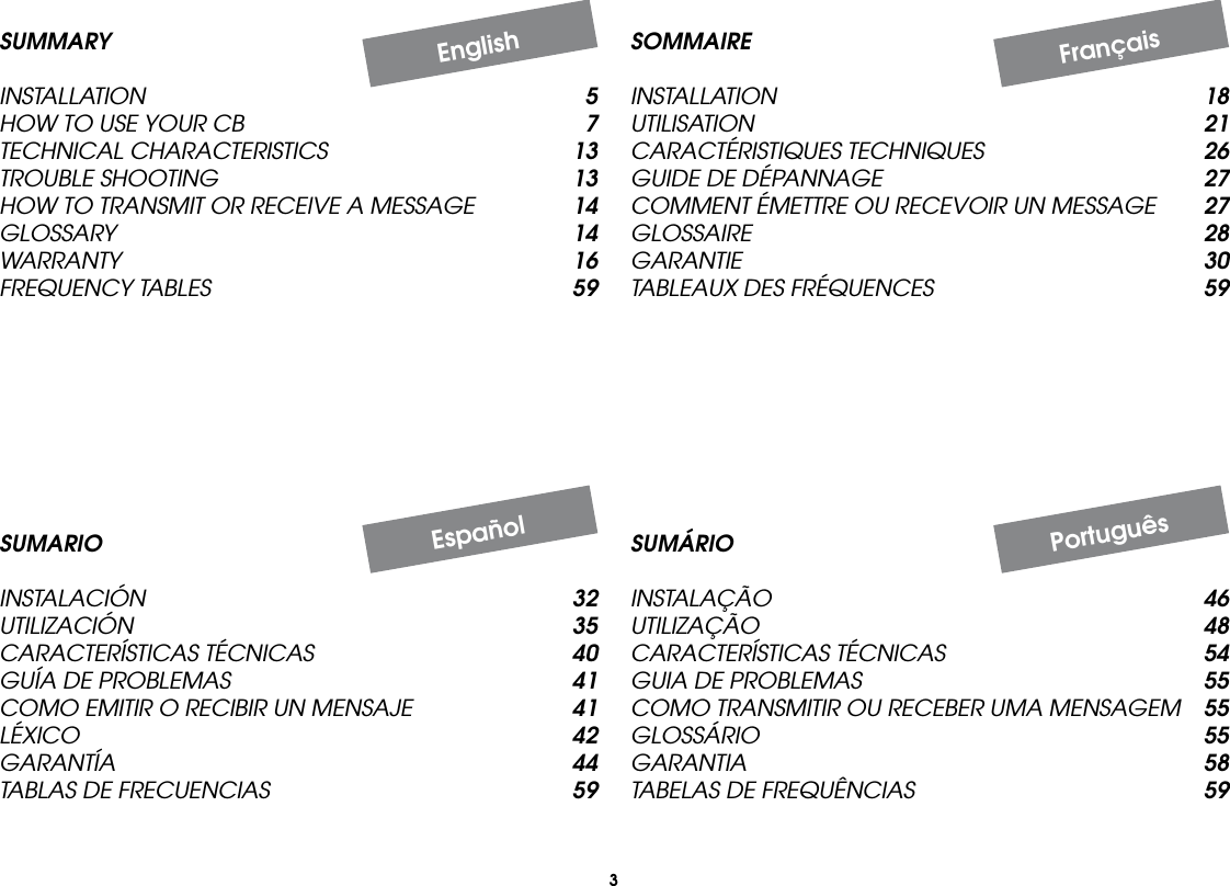 3SOMMAIREINSTALLATION  18UTILISATION  21CARACTÉRISTIQUES TECHNIQUES  26GUIDE DE DÉPANNAGE  27COMMENT ÉMETTRE OU RECEVOIR UN MESSAGE  27GLOSSAIRE  28GARANTIE  30TABLEAUX DES FRÉQUENCES  59SUMÁRIOINSTALAÇÃO  46UTILIZAÇÃO  48CARACTERÍSTICAS TÉCNICAS  54GUIA DE PROBLEMAS  55COMO TRANSMITIR OU RECEBER UMA MENSAGEM  55GLOSSÁRIO  55GARANTIA  58TABELAS DE FREQUÊNCIAS  59SUMARIOINSTALACIÓN 32UTILIZACIÓN 35CARACTERÍSTICAS TÉCNICAS 40GUÍA DE PROBLEMAS 41COMO EMITIR O RECIBIR UN MENSAJE 41LÉXICO 42GARANTÍA 44TABLAS DE FRECUENCIAS 59SUMMARYINSTALLATION 5HOW TO USE YOUR CB 7TECHNICAL CHARACTERISTICS 13TROUBLE SHOOTING 13HOW TO TRANSMIT OR RECEIVE A MESSAGE 14GLOSSARY 14WARRANTY  16FREQUENCY TABLES 59EnglishFrançaisPortuguêsEspañol