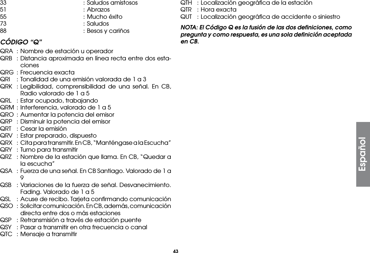 43Español33  : Saludos amistosos51  : Abrazos55  : Mucho éxito73  : Saludos88  : Besos y cariñosCÓDIGO “Q”QRA  : Nombre de estación u operadorQRB  : Distancia aproximada en línea recta entre dos esta-cionesQRG  : Frecuencia exactaQRI  : Tonalidad de una emisión valorada de 1 a 3QRK  : Legibilidad, comprensibilidad de una señal. En CB, Radio valorado de 1 a 5QRL  : Estar ocupado, trabajandoQRM  : Interferencia, valorado de 1 a 5QRO  : Aumentar la potencia del emisorQRP  : Disminuir la potencia del emisorQRT  : Cesar la emisiónQRV  : Estar preparado, dispuestoQRX  :  Cita para transmitir. En CB, “Manténgase a la Escucha”QRY  : Turno para transmitirQRZ  : Nombre de la estación que llama. En CB, “Quedar a la escucha”QSA  : Fuerza de una señal. En CB Santiago. Valorado de 1 a 9QSB  : Variaciones de la fuerza de señal. Desvanecimiento. Fading. Valorado de 1 a 5QSL  : Acuse de recibo. Tarjeta conﬁrmando comunicaciónQSO  :  Solicitar comunicación. En CB, además, comunicación directa entre dos o más estacionesQSP  : Retransmisión a través de estación puenteQSY  : Pasar a transmitir en otra frecuencia o canalQTC  : Mensaje a transmitirQTH  : Localización geográﬁca de la estaciónQTR  : Hora exactaQUT  : Localización geográﬁca de accidente o siniestroNOTA: El Código Q es la fusión de las dos deﬁniciones, como pregunta y como respuesta, es una sola deﬁnición aceptada en CB.