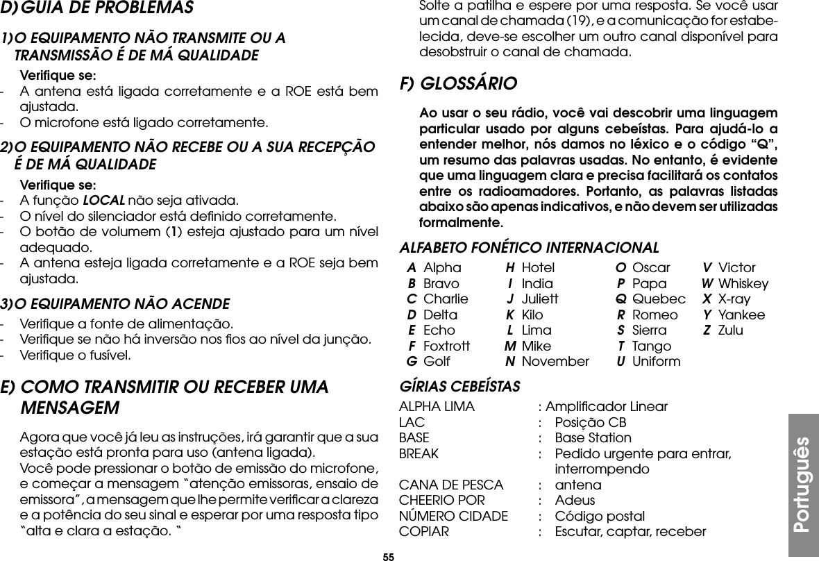55PortuguêsD) GUIA DE PROBLEMAS1) O EQUIPAMENTO NÃO TRANSMITE OU A TRANSMISSÃO É DE MÁ QUALIDADE Veriﬁque se:-  A antena está ligada corretamente e a ROE está bem ajustada.-  O microfone está ligado corretamente.2) O EQUIPAMENTO NÃO RECEBE OU A SUA RECEPÇÃO É DE MÁ QUALIDADE Veriﬁque se:-  A função LOCAL não seja ativada.-  O nível do silenciador está deﬁnido corretamente.-  O botão de volumem (1) esteja ajustado para um nível adequado.-  A antena esteja ligada corretamente e a ROE seja bem ajustada.3) O EQUIPAMENTO NÃO ACENDE-  Veriﬁque a fonte de alimentação.-  Veriﬁque se não há inversão nos ﬁos ao nível da junção.-  Veriﬁque o fusível.E) COMO TRANSMITIR OU RECEBER UMA MENSAGEM  Agora que você já leu as instruções, irá garantir que a sua estação está pronta para uso (antena ligada).  Você pode pressionar o botão de emissão do microfone, e começar a mensagem “atenção emissoras, ensaio de emissora”, a mensagem que lhe permite veriﬁcar a clareza e a potência do seu sinal e esperar por uma resposta tipo “alta e clara a estação. “  Solte a patilha e espere por uma resposta. Se você usar um canal de chamada (19), e a comunicação for estabe-lecida, deve-se escolher um outro canal disponível para desobstruir o canal de chamada.F) GLOSSÁRIO Ao usar o seu rádio, você vai descobrir uma linguagem particular usado por alguns cebeístas. Para ajudá-lo a entender melhor, nós damos no léxico e o código “Q”, um resumo das palavras usadas. No entanto, é evidente que uma linguagem clara e precisa facilitará os contatos entre os radioamadores. Portanto, as palavras listadas abaixo são apenas indicativos, e não devem ser utilizadas formalmente.ALFABETO FONÉTICO INTERNACIONAL A Alpha  H Hotel  O Oscar  V Victor B Bravo  I India  P Papa  W Whiskey C Charlie  J Juliett  Q Quebec  X X-ray D Delta  K Kilo  R Romeo  Y Yankee E Echo  L Lima  S Sierra  Z Zulu F Foxtrott  M Mike  T Tango G Golf  N November  U UniformGÍRIAS CEBEÍSTASALPHA LIMA  : Ampliﬁcador LinearLAC  :  Posição CBBASE  :  Base StationBREAK  :  Pedido urgente para entrar,     interrompendoCANA DE PESCA  :  antenaCHEERIO POR  :  AdeusNÚMERO CIDADE  :  Código postalCOPIAR  :  Escutar, captar, receber