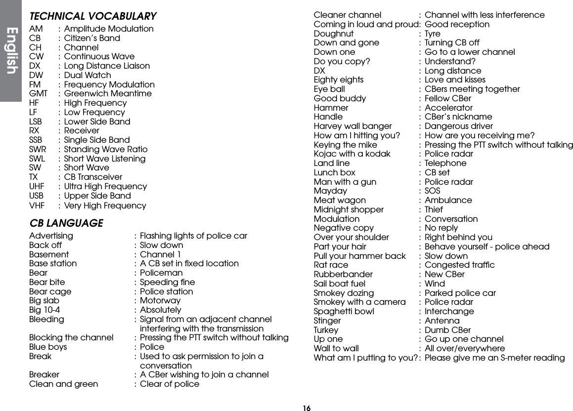16TECHNICAL VOCABULARYAM   :  Amplitude  ModulationCB   : Citizen’s BandCH   : ChannelCW  : Continuous WaveDX   :  Long Distance LiaisonDW   :  Dual  WatchFM   :  Frequency ModulationGMT  :  Greenwich Meantime HF    : High FrequencyLF    : Low FrequencyLSB   :  Lower Side BandRX   : ReceiverSSB   :  Single Side BandSWR  : Standing Wave RatioSWL  : Short Wave ListeningSW   : Short WaveTX    :  CB TransceiverUHF  :  Ultra High FrequencyUSB   :  Upper Side BandVHF  :  Very High FrequencyCB LANGUAGEAdvertising  :  Flashing lights of police carBack off  :  Slow downBasement  :  Channel 1Base station  :  A CB set in ﬁxed locationBear  : PolicemanBear bite  :  Speeding ﬁneBear cage  :  Police stationBig slab  :  MotorwayBig 10-4  :  AbsolutelyBleeding  :  Signal from an adjacent channel      interfering with the transmissionBlocking the channel  : Pressing the PTT switch without talkingBlue boys  :  PoliceBreak  :  Used to ask permission to join a     conversationBreaker  :  A CBer wishing to join a channelClean and green  : Clear of policeCleaner channel  :  Channel with less interferenceComing in loud and proud :  Good receptionDoughnut  : TyreDown and gone  :  Turning CB offDown one  :  Go to a lower channelDo you copy?  :  Understand?DX   :  Long distanceEighty eights  :  Love and kissesEye ball  :  CBers meeting togetherGood buddy  :  Fellow CBerHammer  : AcceleratorHandle  :  CBer’s nicknameHarvey wall banger  :  Dangerous driverHow am I hitting you?  :  How are you receiving me?Keying the mike  :  Pressing the PTT switch without talkingKojac with a kodak  :  Police radarLand line  : TelephoneLunch box  :  CB setMan with a gun  :  Police radarMayday  : SOSMeat wagon  :  AmbulanceMidnight shopper  :  ThiefModulation  : ConversationNegative copy  :  No replyOver your shoulder  :  Right behind youPart your hair  : Behave yourself - police aheadPull your hammer back  :  Slow downRat race  :  Congested trafﬁcRubberbander  :  New CBerSail boat fuel  :  WindSmokey dozing  : Parked police carSmokey with a camera  :  Police radarSpaghetti bowl  :  InterchangeStinger  : AntennaTurkey  :  Dumb CBerUp one  : Go up one channelWall to wall  :  All over/everywhereWhat am I putting to you? : Please give me an S-meter readingEnglish