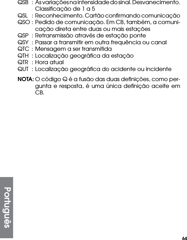 64QSB  :  As variações na intensidade do sinal. Desvanecimento. Classiﬁcação de 1 a 5QSL  :  Reconhecimento. Cartão conﬁrmando comunicaçãoQSO : Pedido de comunicação. Em CB, também, a comuni-cação direta entre duas ou mais estaçõesQSP  : Retransmissão através de estação ponteQSY  : Passar a transmitir em outra frequência ou canalQTC : Mensagem a ser transmitidaQTH  : Localização geográﬁca da estaçãoQTR  : Hora atualQUT  : Localização geográﬁca do acidente ou incidenteNOTA: O código Q é a fusão das duas deﬁnições, como per-gunta e resposta, é uma única deﬁnição aceite em CB.Português