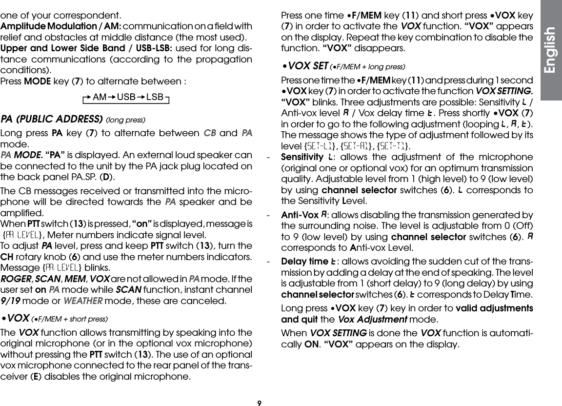 9one of your correspondent. Amplitude Modulation / AM: communication on a ﬁeld with relief and obstacles at middle distance (the most used). Upper and Lower Side Band / USB-LSB: used for long dis-tance communications (according to the propagation conditions). Press MODE key (7) to alternate between :PA (PUBLIC ADDRESS) (long press)  Long press PA key (7) to alternate between CB and PA mode. PA MODE. “PA” is displayed. An external loud speaker can be connected to the unit by the PA jack plug located on the back panel PA.SP. (D).  The CB messages received or transmitted into the micro-phone will be directed towards the PA speaker and be ampliﬁed. When PTT switch (13) is pressed, “on” is displayed, message is  {PA LEVEL}, Meter numbers indicate signal level.  To adjust PA level, press and keep PTT switch (13), turn the CH rotary knob (6) and use the meter numbers indicators. Message {PA LEVEL} blinks. ROGER, SCAN, MEM, VOX are not allowed in PA mode. If the user set on PA mode while SCAN function, instant channel 9/19 mode or WEATHER mode, these are canceled.•VOX (•F/MEM + short press) The VOX function allows transmitting by speaking into the original microphone (or in the optional vox microphone) without pressing the PTT switch (13). The use of an optional vox microphone connected to the rear panel of the trans-ceiver (E) disables the original microphone.  Press one time •F/MEM key (11) and short press •VOX key (7) in order to activate the VOX function. “VOX” appears on the display. Repeat the key combination to disable the function. “VOX” disappears.•VOX SET (•F/MEM + long press)  Press one time the •F/MEM key (11) and press during 1 second •VOX key (7) in order to activate the function VOX SETTING. “VOX” blinks. Three adjustments are possible: Sensitivity   / Anti-vox level   / Vox delay time  . Press shortly •VOX (7) in order to go to the following adjustment (looping  ,  ,  ).  The message shows the type of adjustment followed by its level {SET-L1}, {SET-A1}, {SET-T1}.-  Sensitivity : allows the adjustment of the microphone (original one or optional vox) for an optimum transmission quality. Adjustable level from 1 (high level) to 9 (low level) by using channel selector switches (6).   corresponds to the Sensitivity Level.-  Anti-Vox : allows disabling the transmission generated by the surrounding noise. The level is adjustable from 0 (Off) to 9 (low level) by using channel selector switches (6).   corresponds to Anti-vox Level.-  Delay time : allows avoiding the sudden cut of the trans-mission by adding a delay at the end of speaking. The level is adjustable from 1 (short delay) to 9 (long delay) by using channel selector switches (6).   corresponds to Delay Time.  Long press •VOX key (7) key in order to valid adjustments and quit the Vox Adjustment mode. When VOX SETTING is done the VOX function is automati-cally ON. “VOX” appears on the display.English