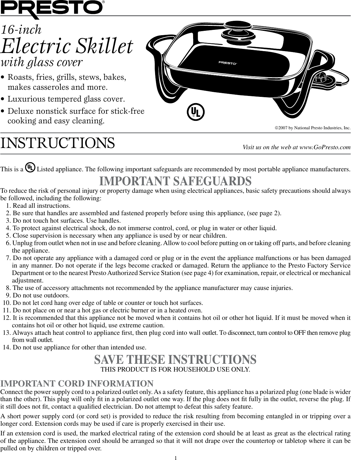 Page 1 of 4 - Presto Presto-16-Inch-Electric-Skillet-Users-Manual-  Presto-16-inch-electric-skillet-users-manual