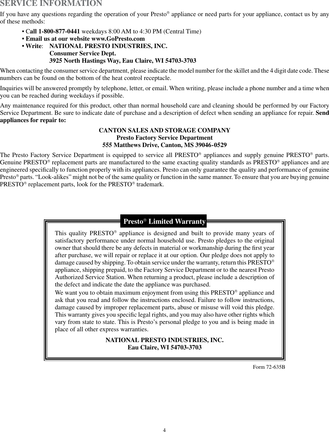 Page 4 of 4 - Presto Presto-16-Inch-Electric-Skillet-Users-Manual-  Presto-16-inch-electric-skillet-users-manual