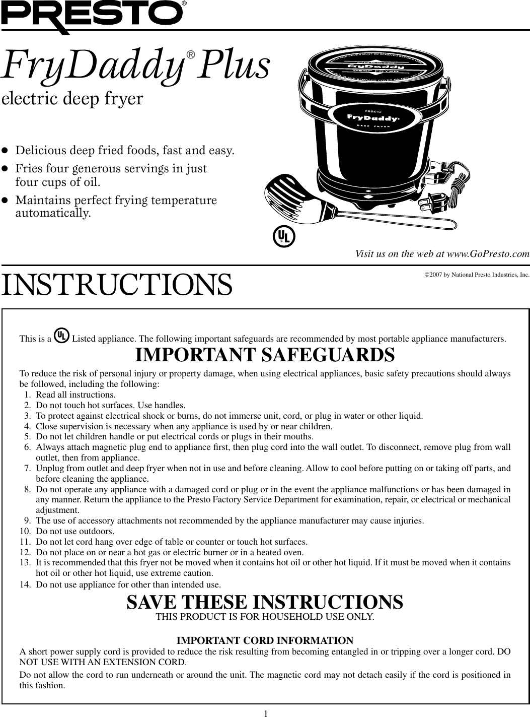 Presto Deep Frye Users Manual