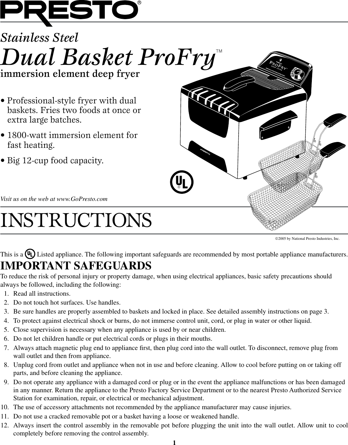 Presto Dual Basket Profry Users Manual