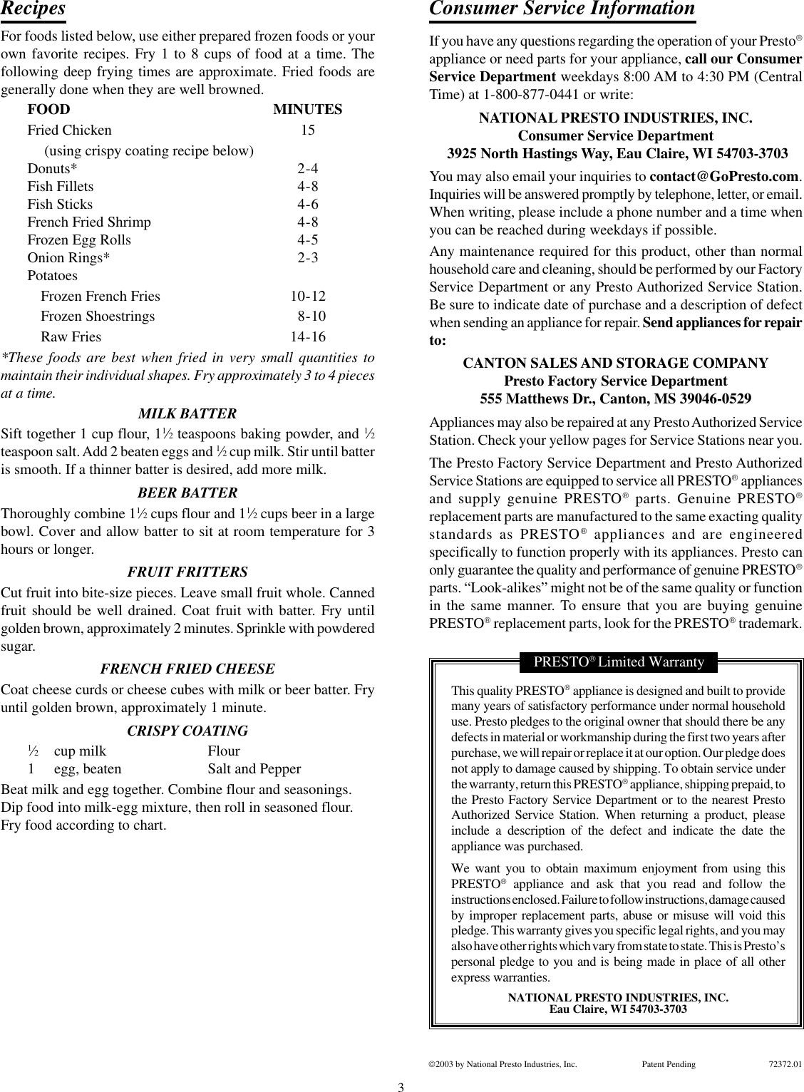 Page 3 of 3 - Presto Presto-Dualdaddy-Electric-Deep-Fryer-Users-Manual- 72372_01_dualdaddy  Presto-dualdaddy-electric-deep-fryer-users-manual