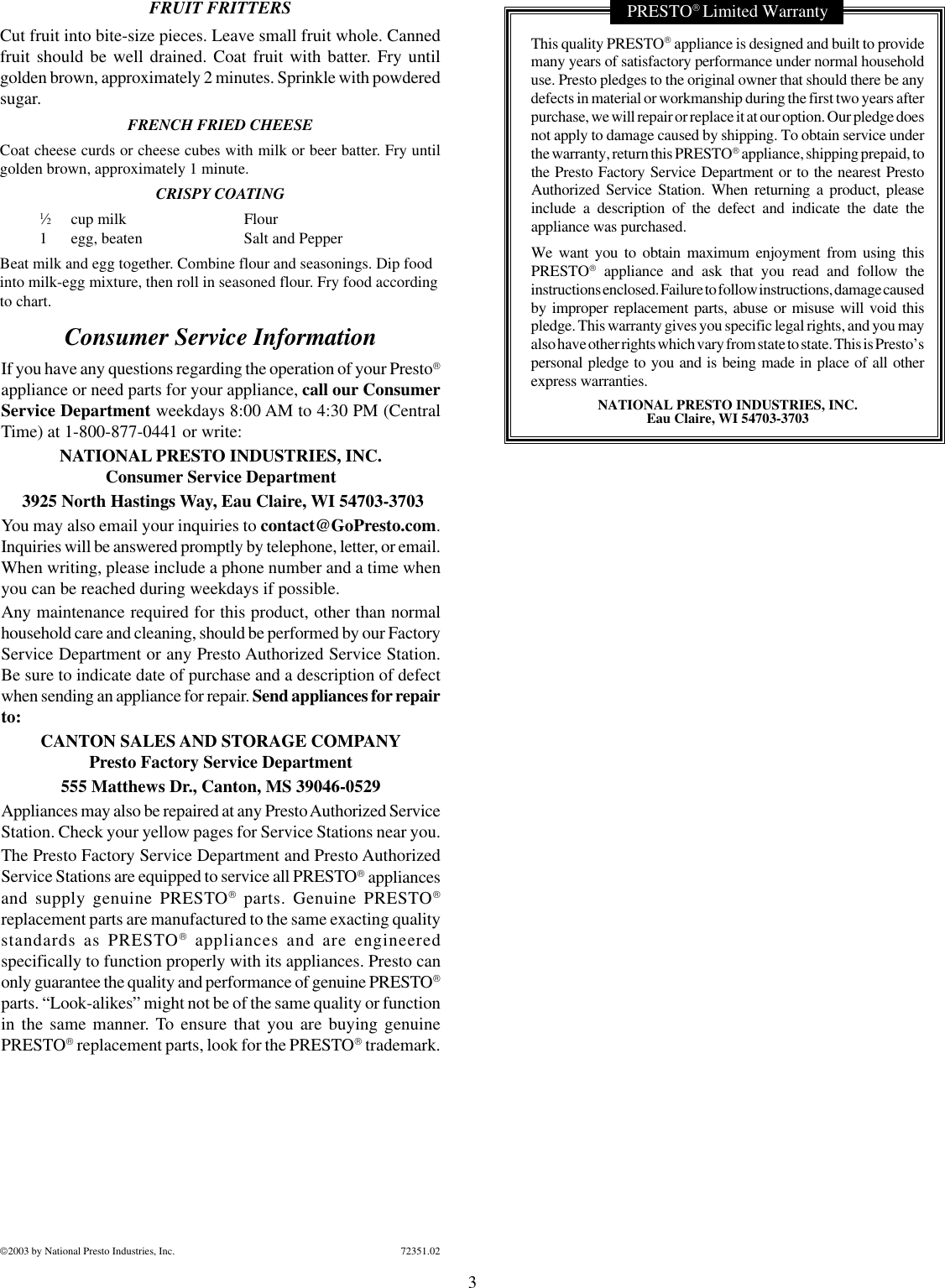 Page 3 of 3 - Presto Presto-Frydaddy-Electric-Deep-Fryer-Users-Manual- 72351_02_frydaddy  Presto-frydaddy-electric-deep-fryer-users-manual