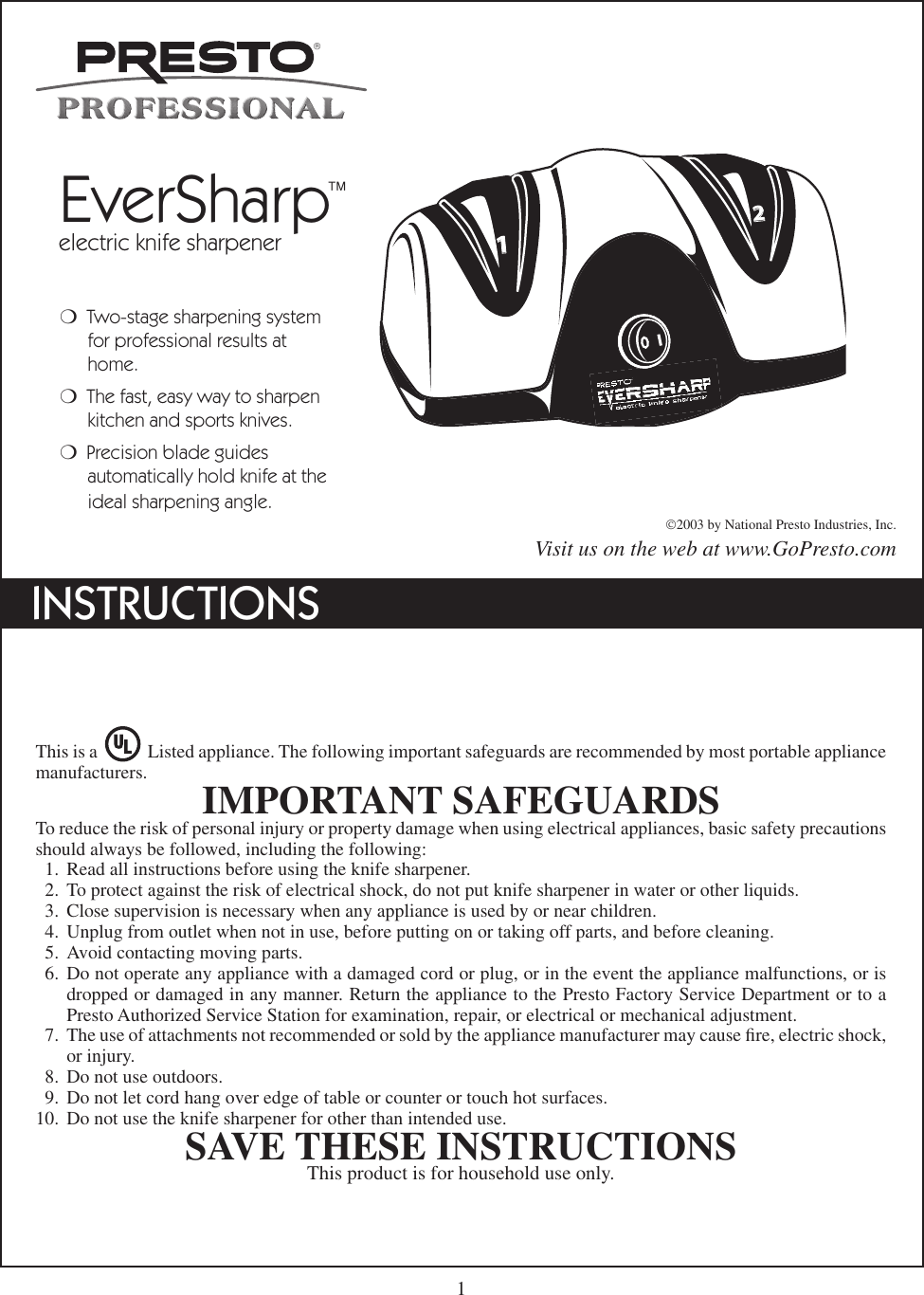 Presto Knife Sharpener Users Manual 72 506B .id2