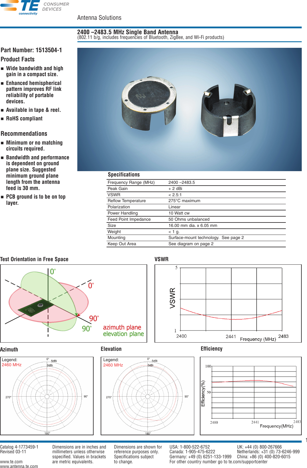 12400 –2483.5 MHz Single Band Antenna (802.11 b/g, includes frequencies of Bluetooth, ZigBee, and Wi-Fi products)Antenna SolutionsPart Number: 1513504-1 Product FactsWide bandwidth and highgain in a compact size.Enhanced hemisphericalpattern improves RF linkreliability of portabledevices. Available in tape &amp; reel.RoHS compliantRecommendationsMinimum or no matchingcircuits required. Bandwidth and performanceis dependent on groundplane size. Suggestedminimum ground planelength from the antennafeed is 30 mm.PCB ground is to be on toplayer.Test Orientation in Free Space VSWRAzimuth Elevation EfficiencySpecificationsFrequency Range (MHz) 2400 –2483.5Peak Gain + 2 dBi VSWR &lt; 2.5:1 Reflow Temperature  275°C maximumPolarization LinearPower Handling 10 Watt cwFeed Point Impedance  50 Ohms unbalanced Size  16.00 mm dia. x 6.05 mmWeight &lt; 1 g.Mounting Surface-mount technology.  See page 2 Keep Out Area  See diagram on page 2Legend:2460 MHzLegend:2460 MHzCatalog 4-1773459-1 Dimensions are in inches and  Dimensions are shown for USA: 1-800-522-6752 UK: +44 (0) 800-267666Revised 03-11 millimeters unless otherwise  reference purposes only. Canada: 1-905-475-6222 Netherlands: +31 (0) 73-6246-999sspecified. Values in brackets Specifications subject  Germany: +49 (0) 6251-133-1999 China: +86 (0) 400-820-6015www.te.com are metric equivalents. to change. For other country number go to te.com/supportcenterwww.antenna.te.com