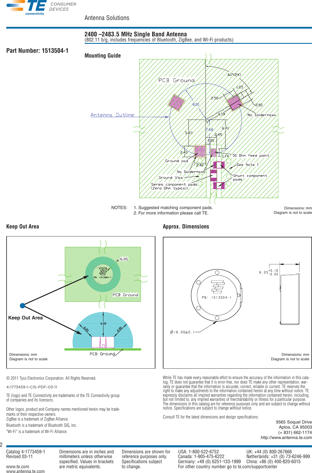 2PageHead_12_HelvCdBd (Continued)Antenna Solutions2400 –2483.5 MHz Single Band Antenna (802.11 b/g, includes frequencies of Bluetooth, ZigBee, and Wi-Fi products)Part Number: 1513504-1 Keep Out Area Approx. DimensionsMounting GuideNOTES: 1. Suggested matching component pads. 2. For more information please call TE.Dimensions: mmDiagram is not to scaleDimensions: mmDiagram is not to scaleDimensions: mmDiagram is not to scaleKeep Out Area© 2011 Tyco Electronics Corporation. All Rights Reserved.4-1773459-1–CIS–PDF–03-11TE (logo) and TE Connectivity are trademarks of the TE Connectivity groupof companies and its licensors.Other logos, product and Company names mentioned herein may be trade-marks of their respective owners.ZigBee is a trademark of ZigBee Alliance. Bluetooth is a trademark of Bluetooth SIG, Inc. &quot;Wi-Fi&quot; is a trademark of Wi-Fi Alliance.Catalog 4-1773459-1 Dimensions are in inches and  Dimensions are shown for USA: 1-800-522-6752 UK: +44 (0) 800-267666Revised 03-11 millimeters unless otherwise  reference purposes only. Canada: 1-905-475-6222 Netherlands: +31 (0) 73-6246-999sspecified. Values in brackets Specifications subject  Germany: +49 (0) 6251-133-1999 China: +86 (0) 400-820-6015www.te.com are metric equivalents. to change. For other country number go to te.com/supportcenterwww.antenna.te.comWhile TE has made every reasonable effort to ensure the accuracy of the information in this cata-log, TE does not guarantee that it is error-free, nor does TE make any other representation, war-ranty or guarantee that the information is accurate, correct, reliable or current. TE reserves theright to make any adjustments to the information contained herein at any time without notice. TEexpressly disclaims all implied warranties regarding the information contained herein, including,but not limited to, any implied warranties of merchantability or fitness for a particular purpose.The dimensions in this catalog are for reference purposes only and are subject to change withoutnotice. Specifications are subject to change without notice. Consult TE for the latest dimensions and design specifications.9565 Soquel DriveAptos, CA 95003(+ 831) 662-1174http://www.antenna.te.com