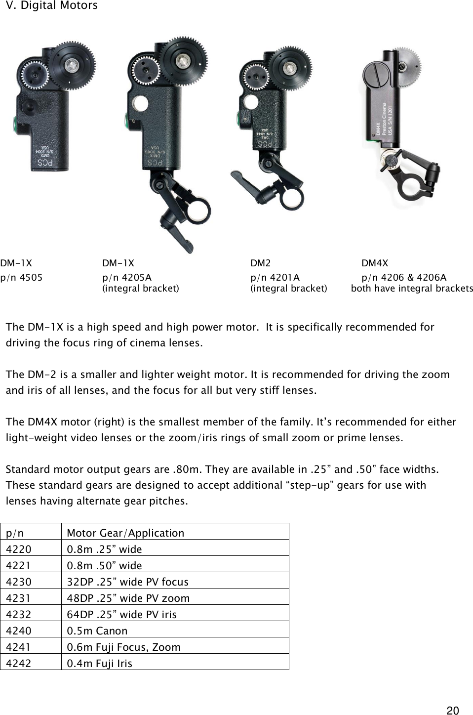  20 V. Digital Motors                     The DM-1X is a high speed and high power motor.  It is specifically recommended for driving the focus ring of cinema lenses.   The DM-2 is a smaller and lighter weight motor. It is recommended for driving the zoom and iris of all lenses, and the focus for all but very stiff lenses.   The DM4X motor (right) is the smallest member of the family. It’s recommended for either light-weight video lenses or the zoom/iris rings of small zoom or prime lenses.   Standard motor output gears are .80m. They are available in .25” and .50” face widths. These standard gears are designed to accept additional “step-up” gears for use with lenses having alternate gear pitches.  p/n  Motor Gear/Application 4220  0.8m .25” wide 4221  0.8m .50” wide 4230  32DP .25” wide PV focus 4231  48DP .25” wide PV zoom 4232  64DP .25” wide PV iris 4240  0.5m Canon 4241  0.6m Fuji Focus, Zoom 4242  0.4m Fuji Iris       DM-1X    DM-1X        DM2      DM4X      p/n 4505    p/n 4205A      p/n 4201A    p/n 4206 &amp; 4206A       (integral bracket)    (integral bracket)        both have integral brackets 