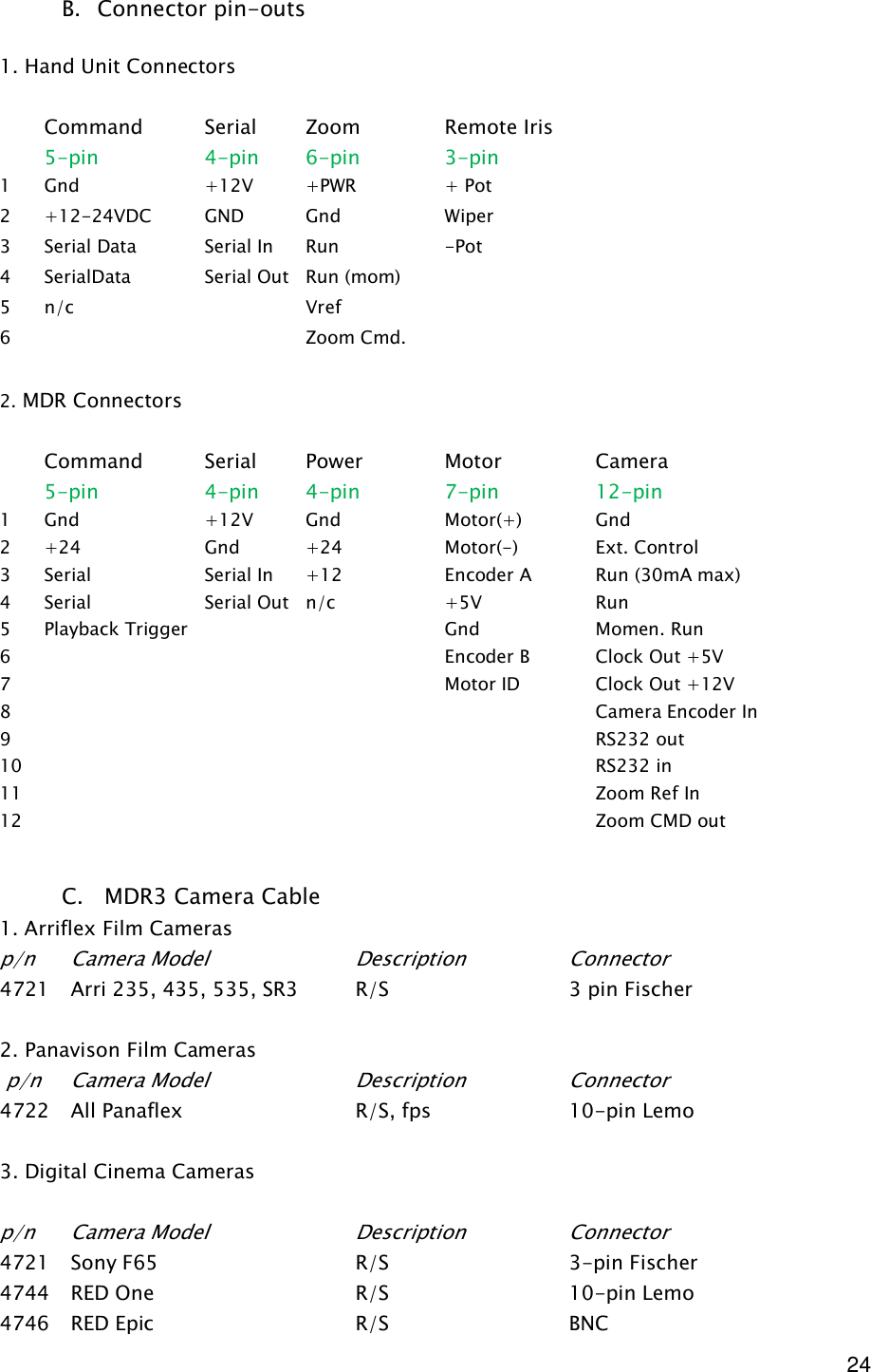  24 B. Connector pin-outs                             C.   MDR3 Camera Cable 1. Arriflex Film Cameras p/n  Camera Model     Description    Connector 4721  Arri 235, 435, 535, SR3  R/S      3 pin Fischer  2. Panavison Film Cameras  p/n  Camera Model     Description    Connector 4722  All Panaflex      R/S, fps    10-pin Lemo    3. Digital Cinema Cameras  p/n  Camera Model     Description    Connector 4721  Sony F65      R/S      3-pin Fischer 4744  RED One      R/S      10-pin Lemo 4746  RED Epic      R/S      BNC 1. Hand Unit Connectors        Command  Serial  Zoom  Remote Iris     5-pin   4-pin  6-pin  3-pin   1  Gnd  +12V  +PWR  + Pot   2  +12-24VDC  GND  Gnd  Wiper   3  Serial Data  Serial In  Run  -Pot   4  SerialData  Serial Out Run (mom)     5  n/c    Vref     6      Zoom Cmd.               2. MDR Connectors             Command  Serial  Power  Motor  Camera  5-pin  4-pin  4-pin  7-pin  12-pin 1  Gnd  +12V  Gnd  Motor(+)  Gnd 2  +24  Gnd  +24  Motor(-)  Ext. Control 3  Serial  Serial In  +12  Encoder A  Run (30mA max) 4  Serial  Serial Out n/c  +5V  Run 5  Playback Trigger     Gnd  Momen. Run 6        Encoder B  Clock Out +5V 7        Motor ID  Clock Out +12V 8          Camera Encoder In 9          RS232 out 10          RS232 in 11          Zoom Ref In 12          Zoom CMD out 