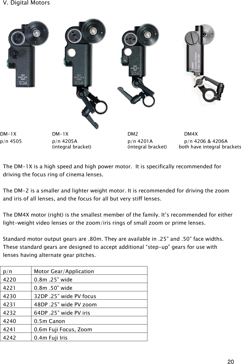  20 V. Digital Motors                     The DM-1X is a high speed and high power motor.  It is specifically recommended for driving the focus ring of cinema lenses.   The DM-2 is a smaller and lighter weight motor. It is recommended for driving the zoom and iris of all lenses, and the focus for all but very stiff lenses.   The DM4X motor (right) is the smallest member of the family. It&rsquo;s recommended for either light-weight video lenses or the zoom/iris rings of small zoom or prime lenses.   Standard motor output gears are .80m. They are available in .25&rdquo; and .50&rdquo; face widths. These standard gears are designed to accept additional &ldquo;step-up&rdquo; gears for use with lenses having alternate gear pitches.  p/n  Motor Gear/Application 4220  0.8m .25&rdquo; wide 4221  0.8m .50&rdquo; wide 4230  32DP .25&rdquo; wide PV focus 4231  48DP .25&rdquo; wide PV zoom 4232  64DP .25&rdquo; wide PV iris 4240  0.5m Canon 4241  0.6m Fuji Focus, Zoom 4242  0.4m Fuji Iris       DM-1X    DM-1X        DM2      DM4X      p/n 4505    p/n 4205A      p/n 4201A    p/n 4206 &amp; 4206A       (integral bracket)    (integral bracket)        both have integral brackets 