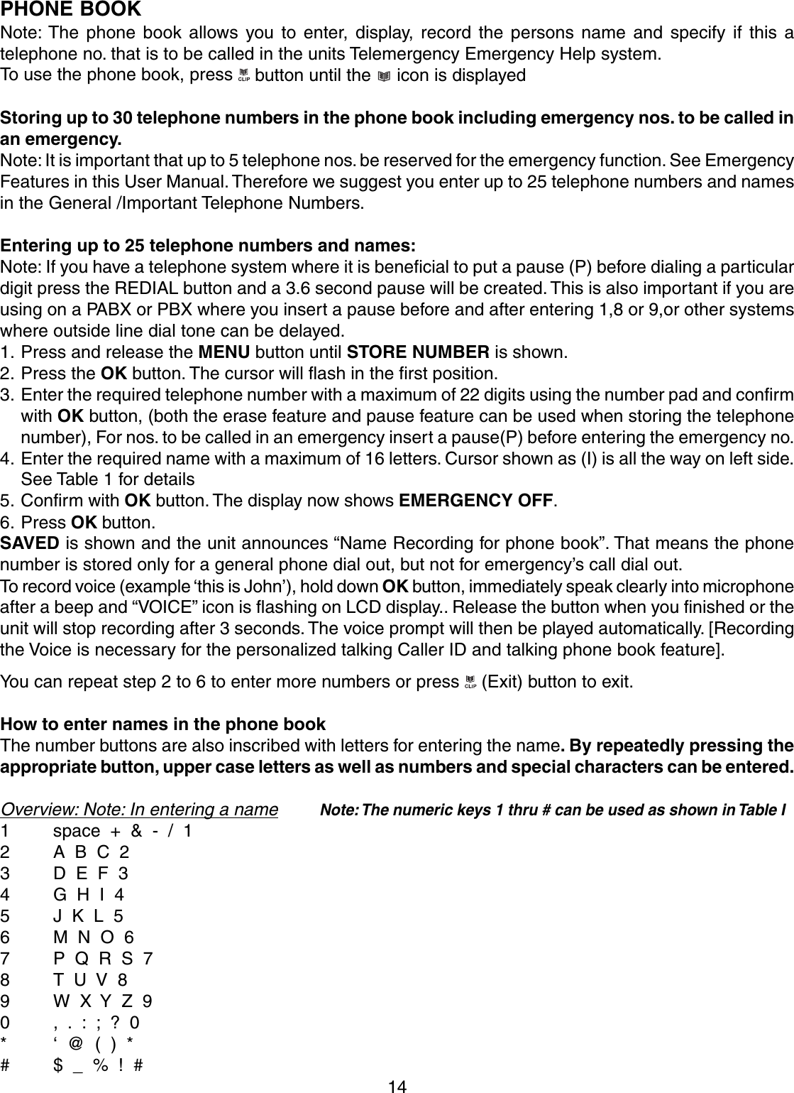 14PHONE BOOKNote: The phone book allows you to enter, display, record the persons name and specify if this atelephone no. that is to be called in the units Telemergency Emergency Help system.To use the phone book, press   button until the   icon is displayedStoring up to 30 telephone numbers in the phone book including emergency nos. to be called inan emergency.Note: It is important that up to 5 telephone nos. be reserved for the emergency function. See EmergencyFeatures in this User Manual. Therefore we suggest you enter up to 25 telephone numbers and namesin the General /Important Telephone Numbers.Entering up to 25 telephone numbers and names:Note: If you have a telephone system where it is beneficial to put a pause (P) before dialing a particulardigit press the REDIAL button and a 3.6 second pause will be created. This is also important if you areusing on a PABX or PBX where you insert a pause before and after entering 1,8 or 9,or other systemswhere outside line dial tone can be delayed.1. Press and release the MENU button until STORE NUMBER is shown.2. Press the OK button. The cursor will flash in the first position.3. Enter the required telephone number with a maximum of 22 digits using the number pad and confirmwith OK button, (both the erase feature and pause feature can be used when storing the telephonenumber), For nos. to be called in an emergency insert a pause(P) before entering the emergency no.4. Enter the required name with a maximum of 16 letters. Cursor shown as (I) is all the way on left side.See Table 1 for details5. Confirm with OK button. The display now shows EMERGENCY OFF.6. Press OK button.SAVED is shown and the unit announces “Name Recording for phone book”. That means the phonenumber is stored only for a general phone dial out, but not for emergency’s call dial out.To record voice (example ‘this is John’), hold down OK button, immediately speak clearly into microphoneafter a beep and “VOICE” icon is flashing on LCD display.. Release the button when you finished or theunit will stop recording after 3 seconds. The voice prompt will then be played automatically. [Recordingthe Voice is necessary for the personalized talking Caller ID and talking phone book feature].You can repeat step 2 to 6 to enter more numbers or press   (Exit) button to exit.How to enter names in the phone bookThe number buttons are also inscribed with letters for entering the name. By repeatedly pressing theappropriate button, upper case letters as well as numbers and special characters can be entered.Overview: Note: In entering a nameNote: The numeric keys 1 thru # can be used as shown in Table I1 space  +  &amp;  -  /  12 A  B  C  23 D  E  F  34 G  H  I  45 J  K  L  56 M  N  O  67 P  Q  R  S  78T  U  V  89 W  X  Y  Z  90 ,  .  :  ;  ?  0* ‘  @  (  )  *# $  _  %  !  #