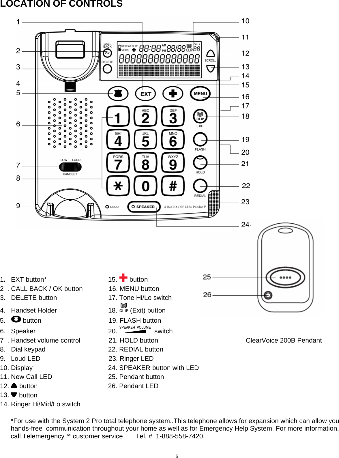  LOCATION OF CONTROLS          1.   EXT button*     15.   button 2  . CALL BACK / OK button              16. MENU button 3.   DELETE button      17. Tone Hi/Lo switch 4.   Handset Holder      18. CLIP (Exit) button 5.     button                 19. FLASH button 6.   Speaker        20.    switch 7  . Handset volume control              21. HOLD button                      ClearVoice 200B Pendant 8.   Dial keypad      22. REDIAL button 9.   Loud LED                 23. Ringer LED 10. Display        24. SPEAKER button with LED 11. New Call LED      25. Pendant button 12.   button    26. Pendant LED 13.  button 14. Ringer Hi/Mid/Lo switch  *For use with the System 2 Pro total telephone system..This telephone allows for expansion which can allow you hands-free  communication throughout your home as well as for Emergency Help System. For more information, call Telemergency™ customer service       Tel. #  1-888-558-7420.                                        5   