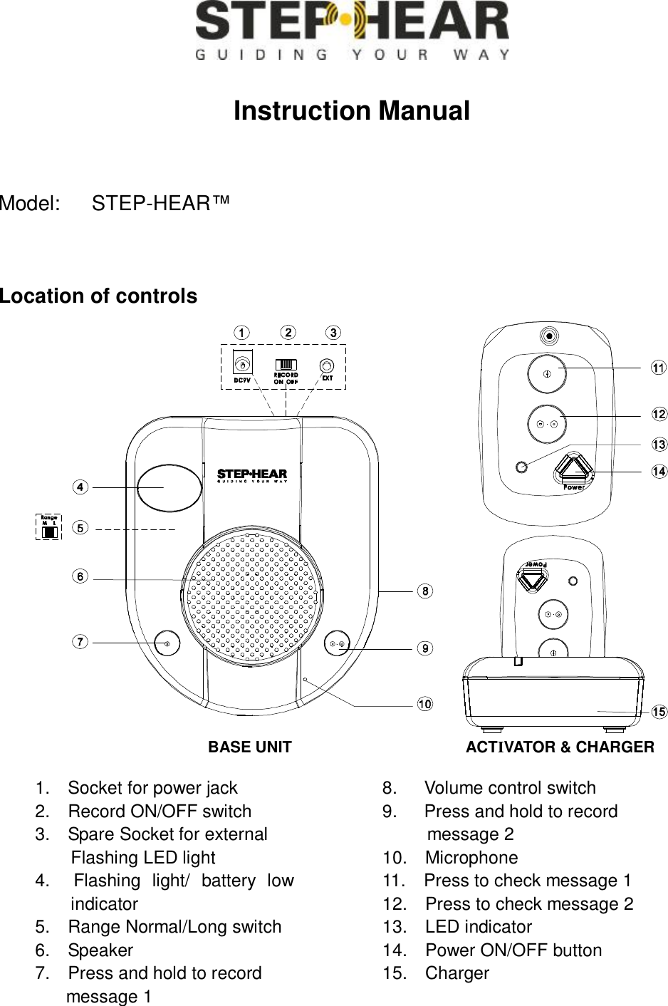   Instruction Manual  Model:  STEP-HEAR™   Location of controls   BASE UNIT              ACTIVATOR &amp; CHARGER       1.  Socket for power jack 2.  Record ON/OFF switch 3.  Spare Socket for external     Flashing LED light 4.  Flashing light/ battery low indicator 5.  Range Normal/Long switch 6.  Speaker 7.  Press and hold to record message 1 8.   Volume control switch 9.   Press and hold to record       message 2 10.  Microphone 11.  Press to check message 1 12.  Press to check message 2 13.  LED indicator 14.  Power ON/OFF button 15.  Charger  