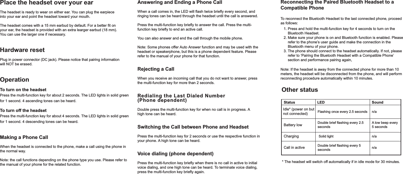 Place the headset over your earThe headset is ready to wear on either ear. You can plug the earpiece into your ear and point the headset toward your mouth.The headset comes with a 15 mm earbud by default. For a better fit on your ear, the headset is provided with an extra learger earbud (18 mm). You can use the larger one if necessary.Hardware resetPlug in power connector (DC jack). Please notice that pairing information will NOT be erased.OperationTo turn on the headsetPress the multi-function key for about 2 seconds. The LED lights in solid green for 1 second. 4 ascending tones can be heard.To turn off the headsetPress the multi-function key for about 4 seconds. The LED lights in solid green for 1 second. 4 descending tones can be heard.Making a Phone CallWhen the headset is connected to the phone, make a call using the phone in the normal way. Note: the call functions depending on the phone type you use. Please refer to the manual of your phone for the related function.Other statusAnswering and Ending a Phone CallWhen a call comes in, the LED will flash twice briefly every second, and ringing tones can be heard through the headset until the call is answered. Press the multi-function key briefly to answer the call. Press the multi-function key briefly to end an active call.You can also answer and end the call through the mobile phone.Note: Some phones offer Auto Answer function and may be used with the headset or speakerphone, but this is a phone dependent feature. Please refer to the manual of your phone for that function.Rejecting a CallWhen you receive an incoming call that you do not want to answer, press the multi-function key for more than 2 seconds.Redialing the Last Dialed Number (Phone dependent)  Double press the multi-function key for when no call is in progress. A high tone can be heard.Switching the Call between Phone and HeadsetPress the multi-function key for 2 seconds or use the respective function in your phone. A high tone can be heard.Voice dialing (phone dependent)Press the multi-function key briefly when there is no call in active to initial voice dialing, and one high tone can be heard. To terminate voice dialing, press the multi-function key briefly again.Reconnecting the Paired Bluetooth Headset to a Compatible PhoneTo reconnect the Bluetooth Headset to the last connected phone, proceed as follows:   1. Press and hold the multi-function key for 4 seconds to turn on the        Bluetooth Headset.   2. Make sure your phone is on and Bluetooth function is enabled. Please        refer to the phone’s user guide and make the connection in the        Bluetooth menu of your phone.   3. The phone should connect to the headset automatically. If not, please        refer to ‘Pairing the Bluetooth Headset with a Compatible Phone’        section and performance pairing again,Note: If the headset is away from the connected phone for more than 10 meters, the headset will be disconnected from the phone, and will perform reconnecting procedure automatically within 10 minutes. Status LED SoundIdle* (power on but not connected)Battery lowChargingCall in activeSolid lightA low beep every 5 secondsn/an/an/aFlashing once every 2.5 secondsDouble brief flashing every 2.5 secondsDouble brief flashing every 5 seconds* The headset will switch off automatically if in idle mode for 30 minutes.