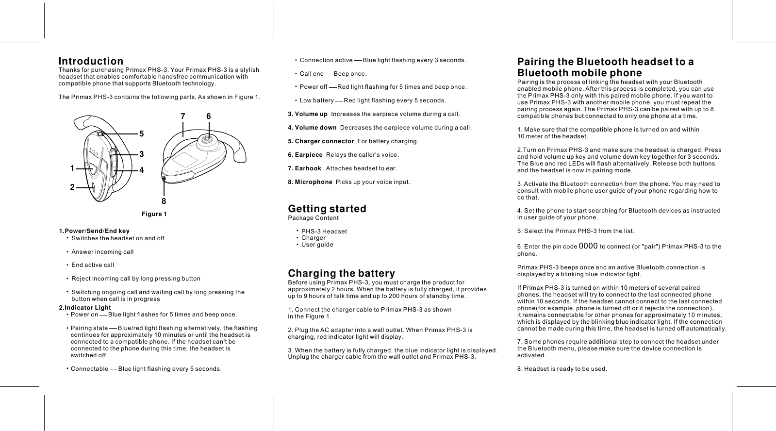 5123487 6IntroductionThanksforpurchasingPrimaxPHS-3.YourPrimaxPHS-3isastylishheadsetthatenablescomfortablehandsfreecommunicationwithcompatiblephonethatsupportsBluetoothtechnology.ThePrimaxPHS-3containsthefollowingparts,AsshowninFigure1.Figure11.Power/Send/EndkeyConnectionactiveBluelightflashingevery3seconds.CallendBeeponce.PoweroffRedlightflashingfor5timesandbeeponce.LowbatteryRedlightflashingevery5seconds.Increasestheearpiecevolumeduringacall.Decreasestheearpiecevolumeduringacall.Forbatterycharging.Relaysthecaller&apos;svoice.Attachesheadsettoear.Picksupyourvoiceinput.3.Volumeup4.Volumedown5.Chargerconnector6.Earpiece7.Earhook8.MicrophonePoweronBluelightflashesfor5timesandbeeponce.PairingstateBlue/redlightflashingalternatively,theflashingcontinuesforapproximately10minutesoruntiltheheadsetisconnectedtoacompatiblephone.Iftheheadsetcan&apos;tbeconnectedtothephoneduringthistime,theheadsetisswitchedoff.ConnectableBluelightflashingevery5seconds.2.IndicatorLightSwitchestheheadsetonandoffAnswerincomingcallEndactivecallRejectincomingcallbylongpressingbuttonSwitchingongoingcallandwaitingcallbylongpressingthebuttonwhencallisinprogress.....GettingstartedPackageContentPHS-3HeadsetChargerUserguideChargingthebatteryBeforeusingPrimaxPHS-3,youmustchargetheproductforapproximately2hours.Whenthebatteryisfullycharged,itprovidesupto9hoursoftalktimeandupto200hoursofstandbytime.1.ConnectthechargercabletoPrimaxPHS-3asshownintheFigure1.2.PlugtheACadapterintoawalloutlet.WhenPrimaxPHS-3ischarging,redindicatorlightwilldisplay.3.Whenthebatteryisfullycharged,theblueindicatorlightisdisplayed.UnplugthechargercablefromthewalloutletandPrimaxPHS-3.PairingtheBluetoothheadsettoaBluetoothmobilephonePairingistheprocessoflinkingtheheadsetwithyourBluetoothenabledmobilephone.Afterthisprocessiscompleted,youcanusethePrimaxPHS-3onlywiththispairedmobilephone.IfyouwanttousePrimaxPHS-3withanothermobilephone,youmustrepeatthepairingprocessagain.ThePrimaxPHS-3canbepairedwithupto8compatiblephonesbutconnectedtoonlyonephoneatatime.1.Makesurethatthecompatiblephoneisturnedonandwithin10meteroftheheadset.2.TurnonPrimaxPHS-3andmakesuretheheadsetischarged.Pressandholdvolumeupkeyandvolumedownkeytogetherfor3seconds.TheBlueandredLEDswillflashalternatively.Releasebothbuttonsandtheheadsetisnowinpairingmode.3.ActivatetheBluetoothconnectionfromthephone.Youmayneedtoconsultwithmobilephoneuserguideofyourphoneregardinghowtodothat.4.SetthephonetostartsearchingforBluetoothdevicesasinstructedinuserguideofyourphone.5.SelectthePrimaxPHS-3fromthelist.6.Enterthepincodetoconnect(or&quot;pair&quot;)PrimaxPHS-3tothephone.PrimaxPHS-3beepsonceandanactiveBluetoothconnectionisdisplayedbyablinkingblueindicatorlight.IfPrimaxPHS-3isturnedonwithin10metersofseveralpairedphones,theheadsetwilltrytoconnecttothelastconnectedphonewithin10seconds.Iftheheadsetcannotconnecttothelastconnectedphone(forexample,phoneisturnedofforitrejectstheconnection),itremainsconnectableforotherphonesforapproximately10minutes,whichisdisplayedbytheblinkingblueindicatorlight.Iftheconnectioncannotbemadeduringthistime,theheadsetisturnedoffautomatically.7.SomephonesrequireadditionalsteptoconnecttheheadsetundertheBluetoothmenu,pleasemakesurethedeviceconnectionisactivated.8.Headsetisreadytobeused.0000..........