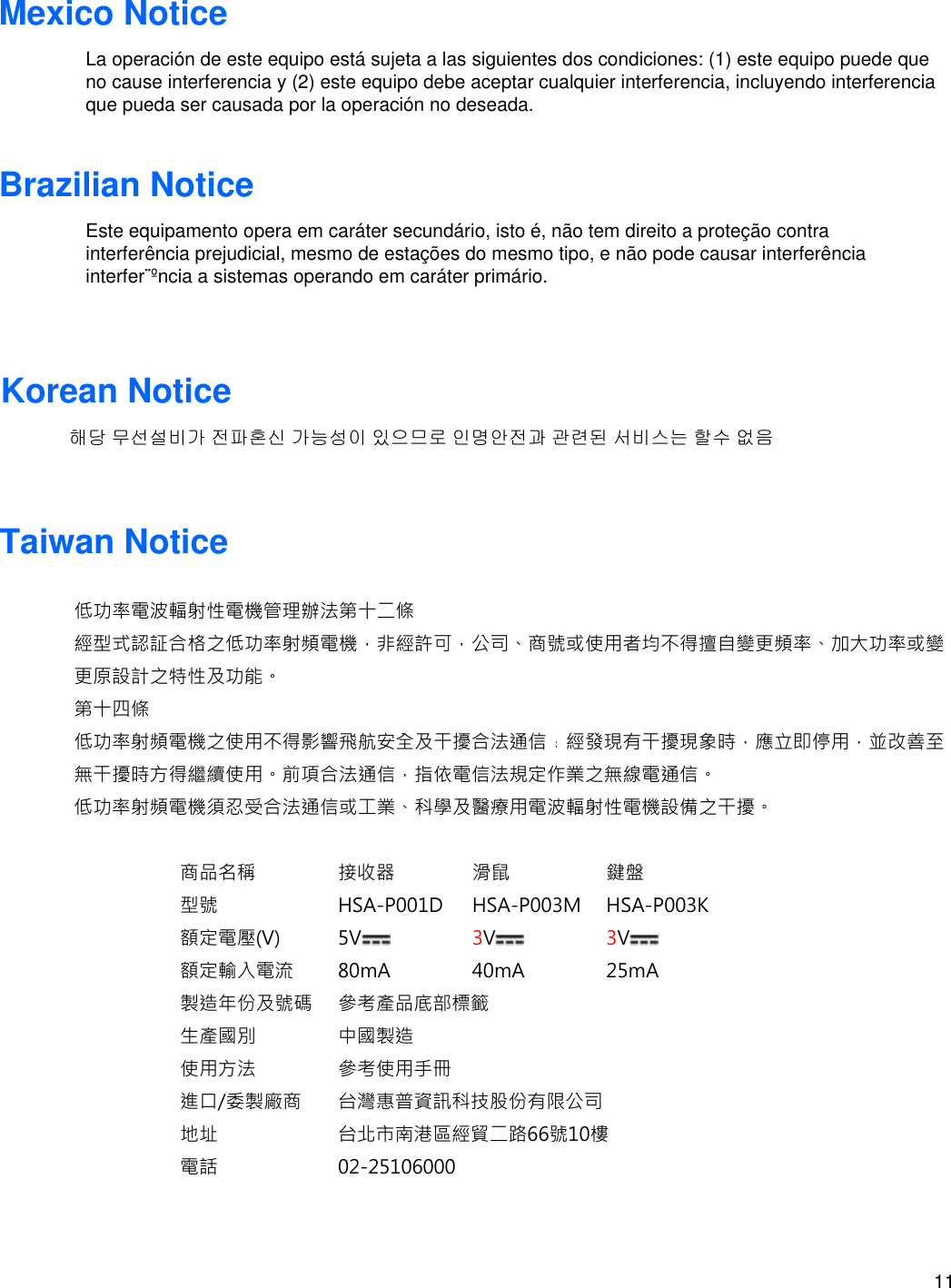 11   Mexico Notice La operación de este equipo está sujeta a las siguientes dos condiciones: (1) este equipo puede que no cause interferencia y (2) este equipo debe aceptar cualquier interferencia, incluyendo interferencia que pueda ser causada por la operación no deseada.   Brazilian Notice Este equipamento opera em caráter secundário, isto é, não tem direito a proteção contra interferência prejudicial, mesmo de estações do mesmo tipo, e não pode causar interferência interfer¨ºncia a sistemas operando em caráter primário.   Korean Notice 해당 무선설비가 전파혼신 가능성이 있으므로 인명안전과 관련된 서비스는 할수 없음   Taiwan Notice  低功率電波輻射性電機管理辦法第十二條 經型式認証合格之低功率射頻電機，非經許可，公司、商號或使用者均不得擅自變更頻率、加大功率或變更原設計之特性及功能。 第十四條 低功率射頻電機之使用不得影響飛航安全及干擾合法通信﹔經發現有干擾現象時，應立即停用，並改善至  無干擾時方得繼續使用。前項合法通信，指依電信法規定作業之無線電通信。 低功率射頻電機須忍受合法通信或工業、科學及醫療用電波輻射性電機設備之干擾。  商品名稱 接收器 滑鼠 鍵盤 型號 HSA-P001D  HSA-P003M  HSA-P003K 額定電壓(V) 5V  3V  3V  額定輸入電流 80mA 40mA 25mA 製造年份及號碼 參考產品底部標籤 生產國別 中國製造 使用方法 參考使用手冊 進口/委製廠商 台灣惠普資訊科技股份有限公司 地址 台北市南港區經貿二路66號10樓 電話 02-25106000   