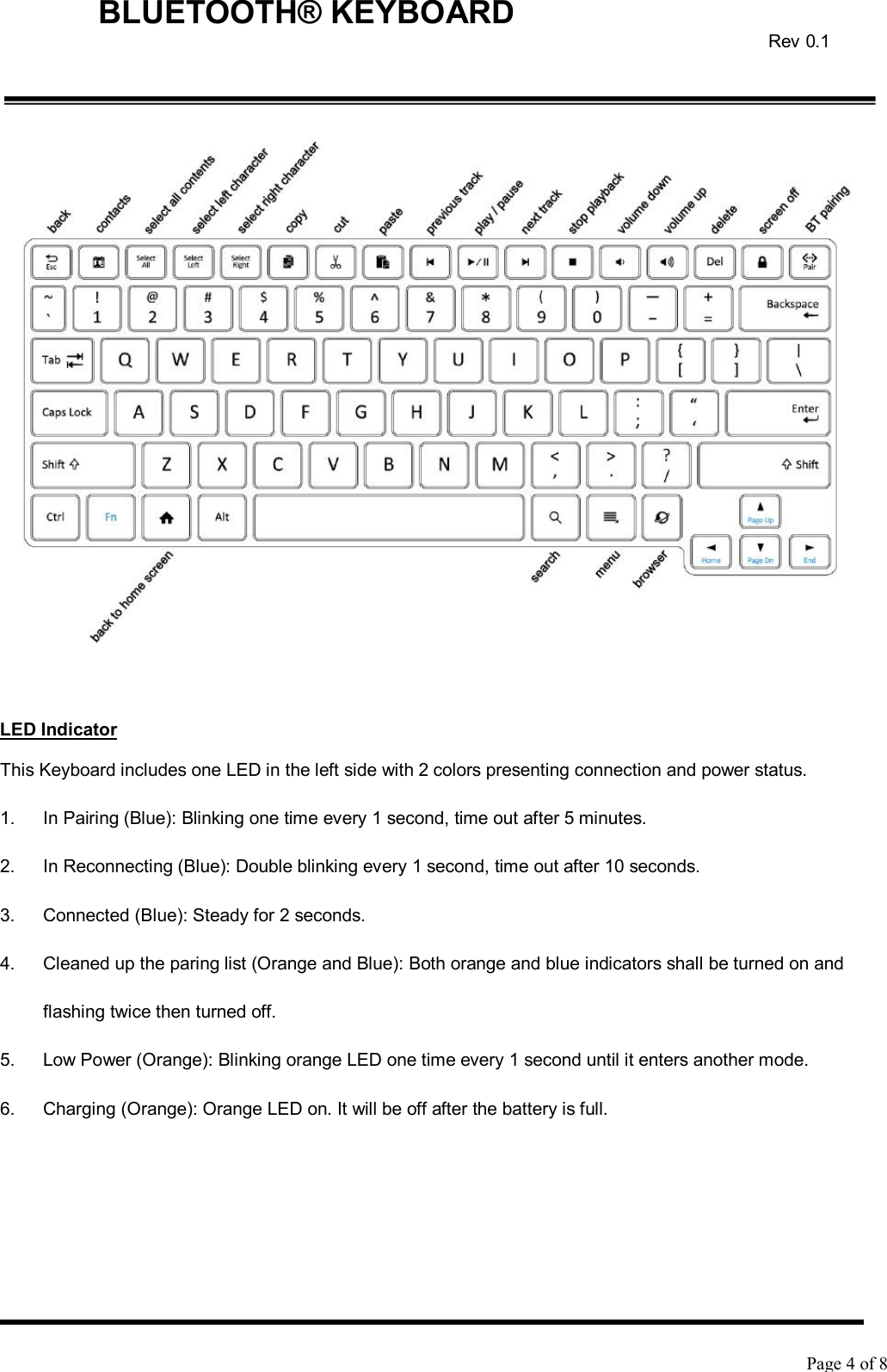    Page 4 of 8  BLUETOOTH® KEYBOARD Rev 0.1   LED Indicator This Keyboard includes one LED in the left side with 2 colors presenting connection and power status. 1.  In Pairing (Blue): Blinking one time every 1 second, time out after 5 minutes. 2.  In Reconnecting (Blue): Double blinking every 1 second, time out after 10 seconds. 3.  Connected (Blue): Steady for 2 seconds. 4.  Cleaned up the paring list (Orange and Blue): Both orange and blue indicators shall be turned on and flashing twice then turned off. 5.  Low Power (Orange): Blinking orange LED one time every 1 second until it enters another mode.  6.  Charging (Orange): Orange LED on. It will be off after the battery is full.    