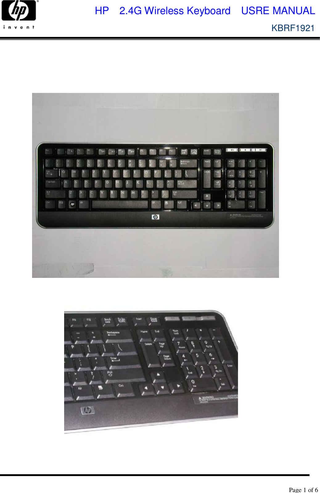   Page 1 of 6              HP  2.4G Wireless Keyboard  USRE MANUAL KBRF1921       
