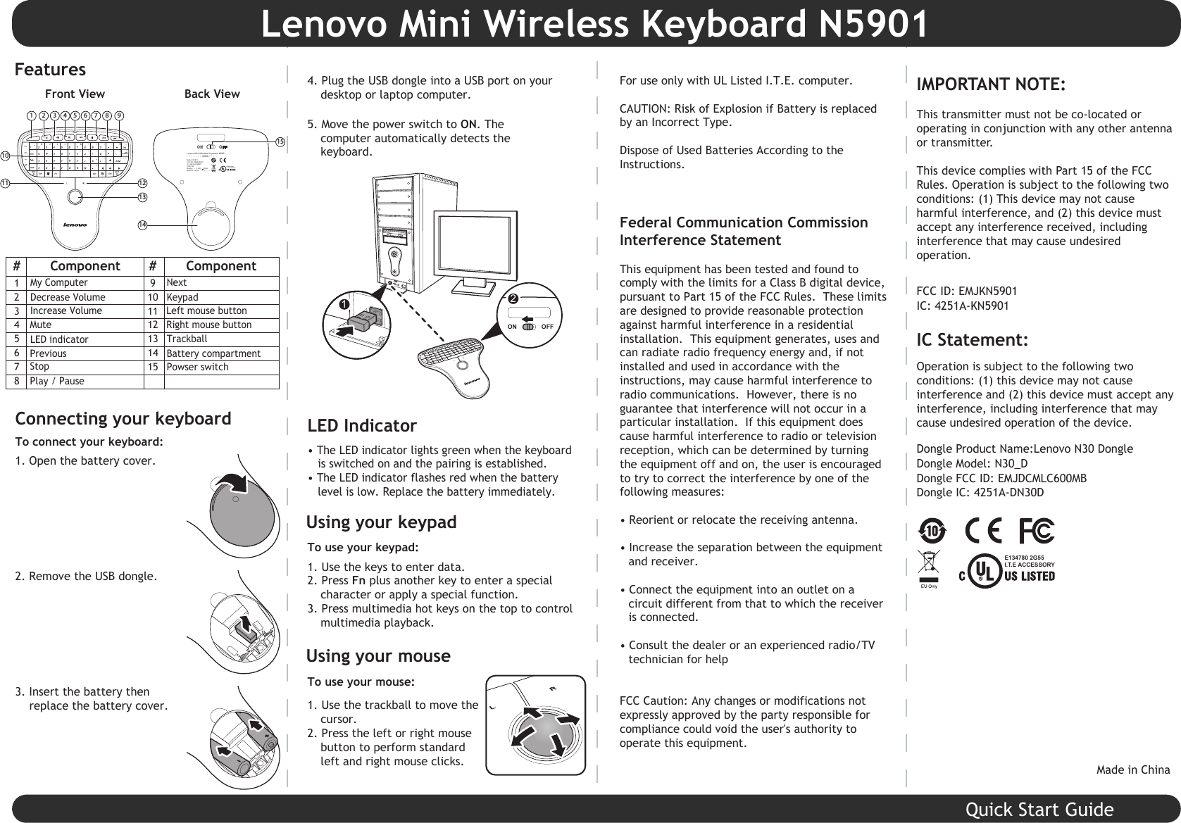 Quick Start Guide1311101412151 2 3 4 98765ON OFFON OFFON OFFLVT1ON OFF2E134780 2G55I.T.EACCESSORYLenovo Mini Wireless Keyboard N5901••••••••••••••N5901Model: N5901FCC ID: EMJKN5901IC: 4251A-KN5901CMIIT ID: Rating(••••): 3.0V    30mAMade in China(••••••••)FeaturesFront View Back ViewTo use your mouse:• The LED indicator lights green when the keyboard is switched on and the pairing is established.• The LED indicator flashes red when the battery    level is low. Replace the battery immediately.Using your mouseLED Indicator1. Use the trackball to move the cursor.2. Press the left or right mouse button to perform standard left and right mouse clicks.Connecting your keyboard1. Open the battery cover. 2. Remove the USB dongle. To connect your keyboard:4. Plug the USB dongle into a USB port on your desktop or laptop computer.For use only with UL Listed I.T.E. computer.CAUTION: Risk of Explosion if Battery is replaced by an Incorrect Type.Dispose of Used Batteries According to the Instructions.Federal Communication Commission Interference StatementThis equipment has been tested and found to comply with the limits for a Class B digital device, pursuant to Part 15 of the FCC Rules.  These limits are designed to provide reasonable protection against harmful interference in a residential installation.  This equipment generates, uses and can radiate radio frequency energy and, if not installed and used in accordance with the instructions, may cause harmful interference to radio communications.  However, there is no guarantee that interference will not occur in a particular installation.  If this equipment does cause harmful interference to radio or television reception, which can be determined by turning the equipment off and on, the user is encouraged to try to correct the interference by one of the following measures:•Reorient or relocate the receiving antenna.•Increase the separation between the equipment and receiver.•Connect the equipment into an outlet on a circuit different from that to which the receiver is connected.•Consult the dealer or an experienced radio/TV technician for helpFCC Caution: Any changes or modifications not expressly approved by the party responsible for compliance could void the user&apos;s authority to operate this equipment.5. Move the power switch to ON. The computer automatically detects the keyboard.3. Insert the battery then     replace the battery cover.#12345678ComponentLeft mouse buttonRight mouse buttonMutePrevious#9101112131415ComponentTrackballLED indicatorBattery compartmentPowser switchLenovo Mini Wireless Keyboard N5901Quick Start GuideMy ComputerDecrease VolumeIncrease VolumeKeypadStopPlay / PauseNextUsing your keypadTo use your keypad:1. Use the keys to enter data. 2. Press Fn plus another key to enter a special character or apply a special function. 3. Press multimedia hot keys on the top to control multimedia playback.IMPORTANT NOTE:This transmitter must not be co-located or operating in conjunction with any other antenna or transmitter.This device complies with Part 15 of the FCC Rules. Operation is subject to the following two conditions: (1) This device may not cause harmful interference, and (2) this device must accept any interference received, including interference that may cause undesired operation.FCC ID: EMJKN5901IC: 4251A-KN5901IC Statement:Operation is subject to the following two conditions: (1) this device may not cause interference and (2) this device must accept any interference, including interference that may cause undesired operation of the device.Dongle Product Name:Lenovo N30 DongleDongle Model: N30_DDongle FCC ID: EMJDCMLC600MBDongle IC: 4251A-DN30DMade in ChinaE134780 2G55I.T.E ACCESSORY