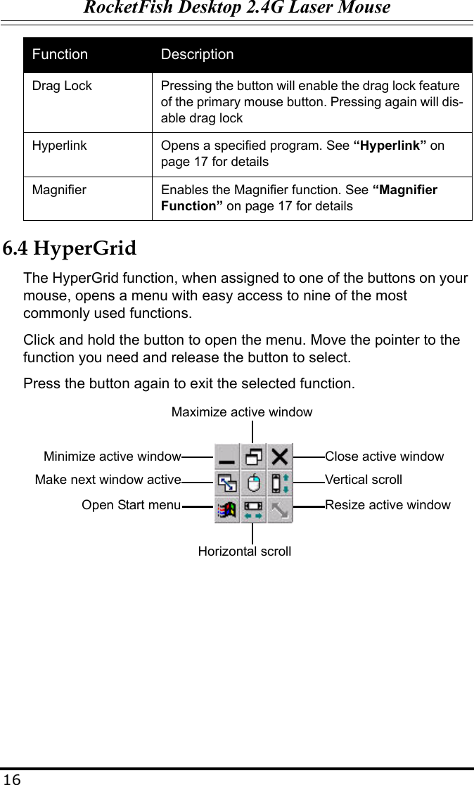 RocketFish Desktop 2.4G Laser Mouse166.4 HyperGridThe HyperGrid function, when assigned to one of the buttons on your mouse, opens a menu with easy access to nine of the most commonly used functions.Click and hold the button to open the menu. Move the pointer to the function you need and release the button to select.Press the button again to exit the selected function.Drag Lock Pressing the button will enable the drag lock feature of the primary mouse button. Pressing again will dis-able drag lockHyperlink Opens a specified program. See “Hyperlink” on page 17 for detailsMagnifier Enables the Magnifier function. See “Magnifier Function” on page 17 for detailsFunction DescriptionMaximize active windowMinimize active windowMake next window activeOpen Start menuClose active windowVertical scrollResize active windowHorizontal scroll