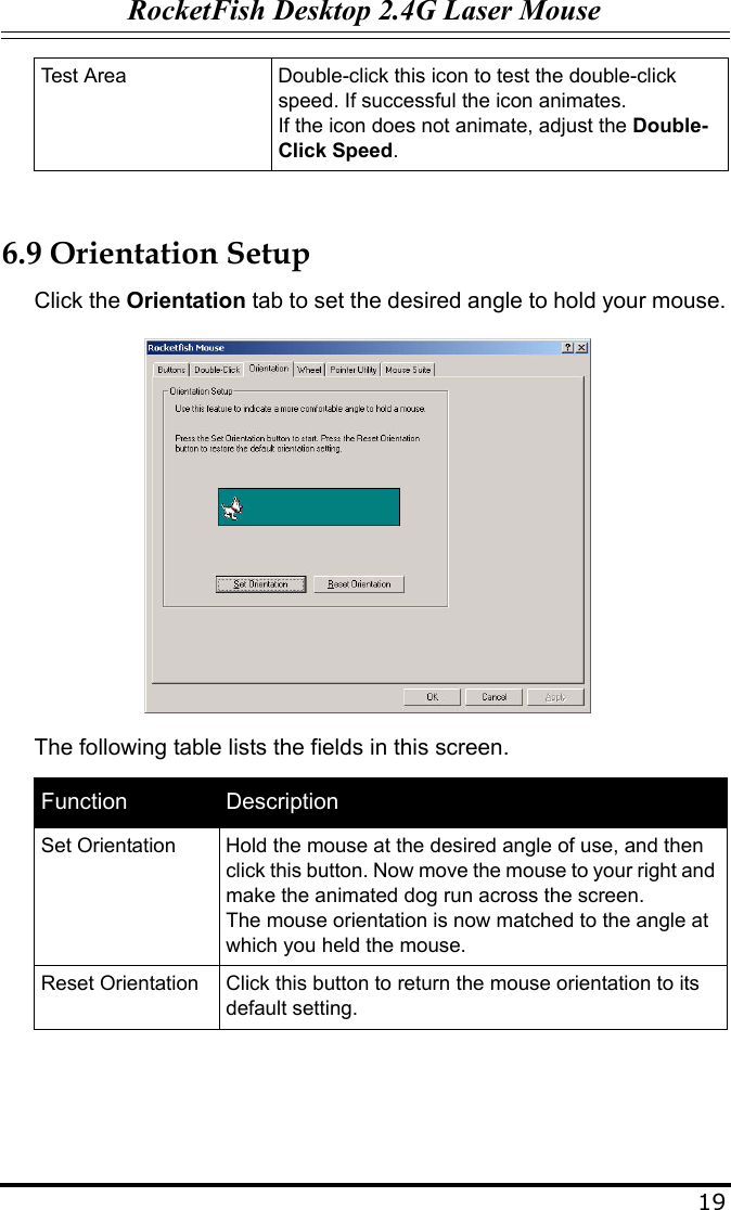 RocketFish Desktop 2.4G Laser Mouse196.9 Orientation SetupClick the Orientation tab to set the desired angle to hold your mouse.The following table lists the fields in this screen.Test Area Double-click this icon to test the double-click speed. If successful the icon animates.If the icon does not animate, adjust the Double-Click Speed.Function DescriptionSet Orientation Hold the mouse at the desired angle of use, and then click this button. Now move the mouse to your right and make the animated dog run across the screen.The mouse orientation is now matched to the angle at which you held the mouse.Reset Orientation Click this button to return the mouse orientation to its default setting.