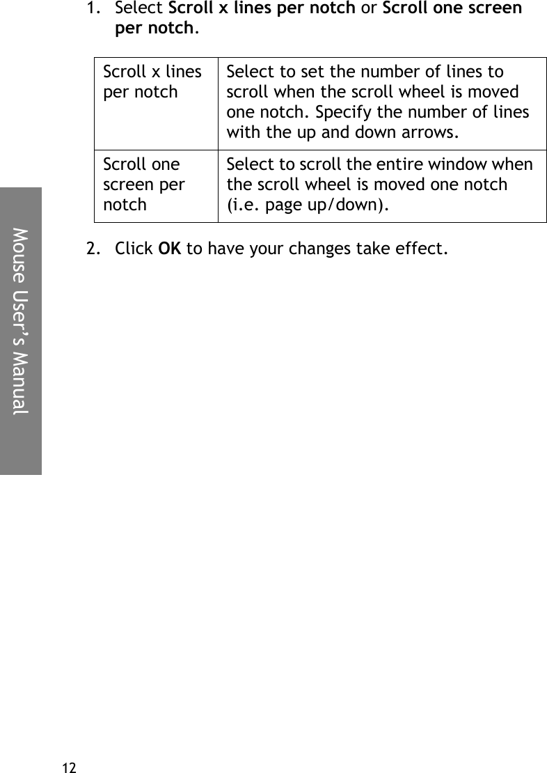Mouse User’s Manual121. Select Scroll x lines per notch or Scroll one screen per notch.2. Click OK to have your changes take effect.Scroll x lines per notchSelect to set the number of lines to scroll when the scroll wheel is moved one notch. Specify the number of lines with the up and down arrows.Scroll one screen per notchSelect to scroll the entire window when the scroll wheel is moved one notch (i.e. page up/down).