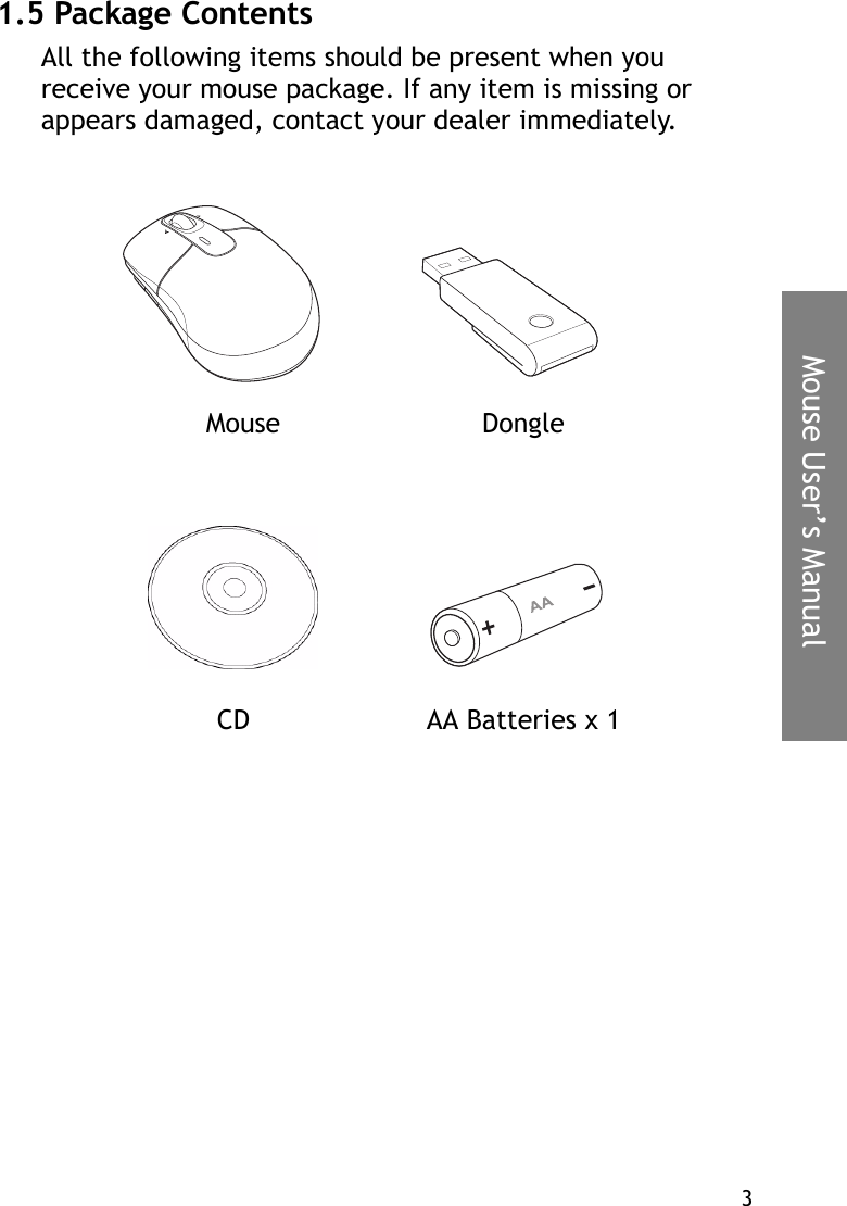 3Mouse User’s Manual1.5 Package ContentsAll the following items should be present when you receive your mouse package. If any item is missing or appears damaged, contact your dealer immediately.CD AA Batteries x 1Mouse Dongle