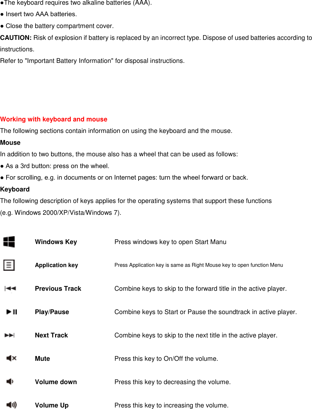   ●The keyboard requires two alkaline batteries (AAA).   ● Insert two AAA batteries. ● Close the battery compartment cover. CAUTION: Risk of explosion if battery is replaced by an incorrect type. Dispose of used batteries according to instructions. Refer to &quot;Important Battery Information&quot; for disposal instructions.     Working with keyboard and mouse The following sections contain information on using the keyboard and the mouse. Mouse In addition to two buttons, the mouse also has a wheel that can be used as follows: ● As a 3rd button: press on the wheel. ● For scrolling, e.g. in documents or on Internet pages: turn the wheel forward or back. Keyboard The following description of keys applies for the operating systems that support these functions (e.g. Windows 2000/XP/Vista/Windows 7).   Windows Key Press windows key to open Start Manu  Application key Press Application key is same as Right Mouse key to open function Menu  Previous Track   Combine keys to skip to the forward title in the active player.  Play/Pause   Combine keys to Start or Pause the soundtrack in active player.  Next Track   Combine keys to skip to the next title in the active player.  Mute   Press this key to On/Off the volume.  Volume down   Press this key to decreasing the volume.  Volume Up   Press this key to increasing the volume. 