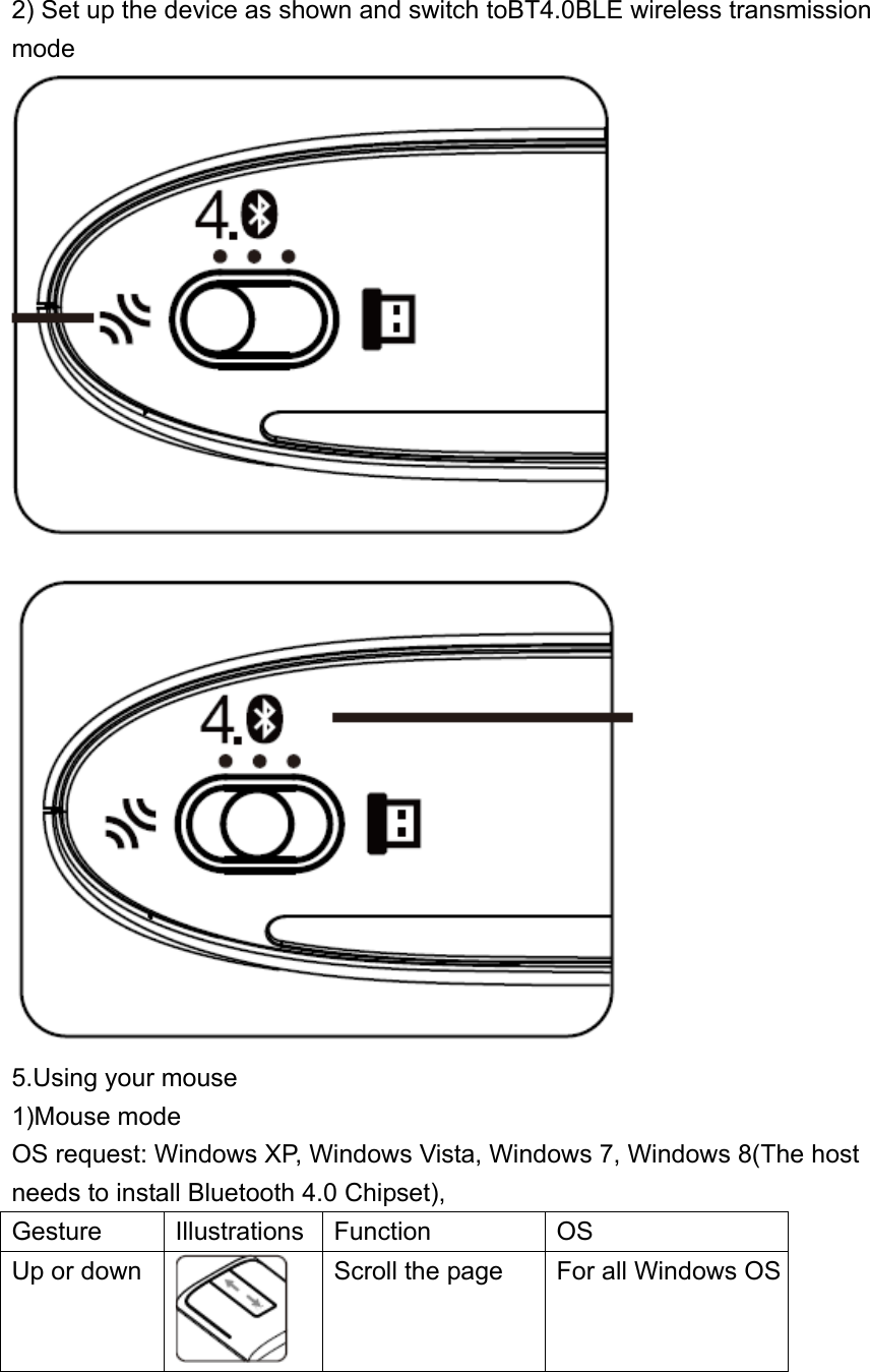 2) Set up the device as shown and switch toBT4.0BLE wireless transmission mode   5.Using your mouse 1)Mouse mode OS request: Windows XP, Windows Vista, Windows 7, Windows 8(The host needs to install Bluetooth 4.0 Chipset), Gesture Illustrations Function  OS  Up or down  Scroll the page  For all Windows OS 