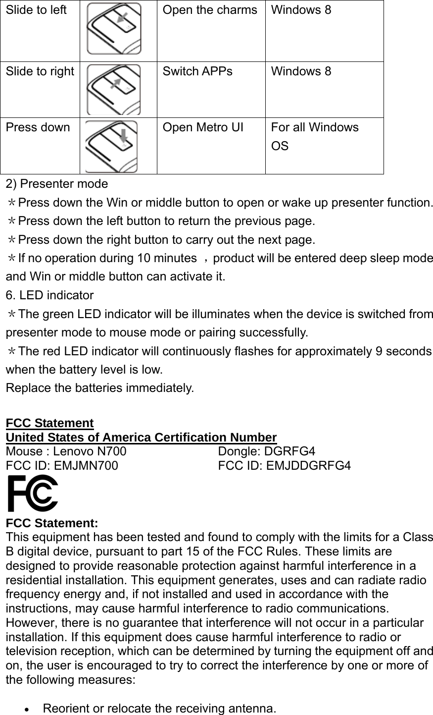 Slide to left  Open the charms  Windows 8 Slide to right  Switch APPs  Windows 8 Press down  Open Metro UI  For all Windows OS 2) Presenter mode ＊Press down the Win or middle button to open or wake up presenter function. ＊Press down the left button to return the previous page. ＊Press down the right button to carry out the next page. ＊If no operation during 10 minutes  ，product will be entered deep sleep mode and Win or middle button can activate it. 6. LED indicator ＊The green LED indicator will be illuminates when the device is switched from presenter mode to mouse mode or pairing successfully. ＊The red LED indicator will continuously flashes for approximately 9 seconds when the battery level is low. Replace the batteries immediately.  FCC Statement United States of America Certification Number Mouse : Lenovo N700  Dongle: DGRFG4 FCC ID: EMJMN700  FCC ID: EMJDDGRFG4   FCC Statement: This equipment has been tested and found to comply with the limits for a Class B digital device, pursuant to part 15 of the FCC Rules. These limits are designed to provide reasonable protection against harmful interference in a residential installation. This equipment generates, uses and can radiate radio frequency energy and, if not installed and used in accordance with the instructions, may cause harmful interference to radio communications. However, there is no guarantee that interference will not occur in a particular installation. If this equipment does cause harmful interference to radio or television reception, which can be determined by turning the equipment off and on, the user is encouraged to try to correct the interference by one or more of the following measures: • Reorient or relocate the receiving antenna. 