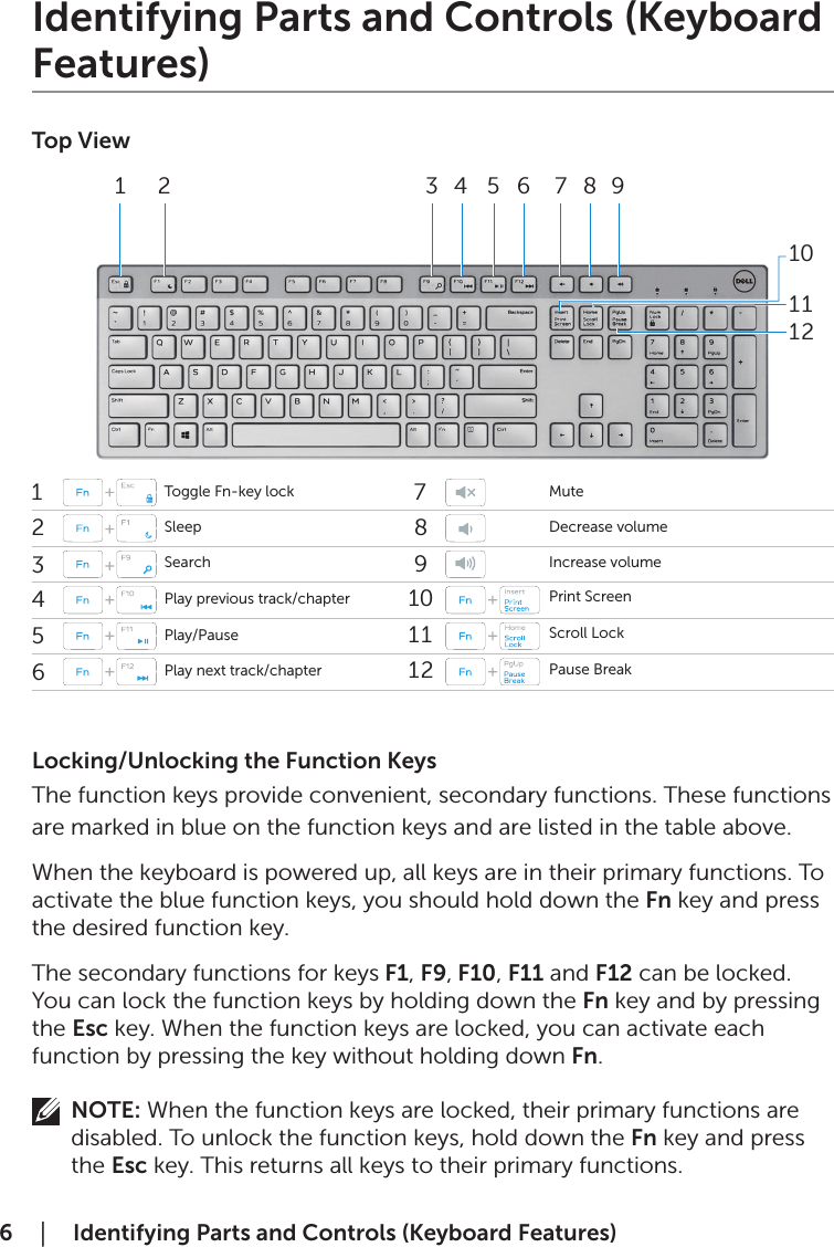 6  │    Identifying Parts and Controls (Keyboard Features)Identifying Parts and Controls (Keyboard Features)Top View112233447755886699Locking/Unlocking the Function KeysThe function keys provide convenient, secondary functions. These functions are marked in blue on the function keys and are listed in the table above.When the keyboard is powered up, all keys are in their primary functions. To activate the blue function keys, you should hold down the Fn key and press the desired function key.The secondary functions for keys F1, F9, F10, F11 and F12 can be locked. You can lock the function keys by holding down the Fn key and by pressing the Esc key. When the function keys are locked, you can activate each function by pressing the key without holding down Fn.NOTE: When the function keys are locked, their primary functions are disabled. To unlock the function keys, hold down the Fn key and press the Esc key. This returns all keys to their primary functions.121211111010Toggle Fn-key lock MuteSleep Decrease volumeSearch Increase volumePlay previous track/chapter Print ScreenPlay/Pause Scroll LockPlay next track/chapter Pause Break