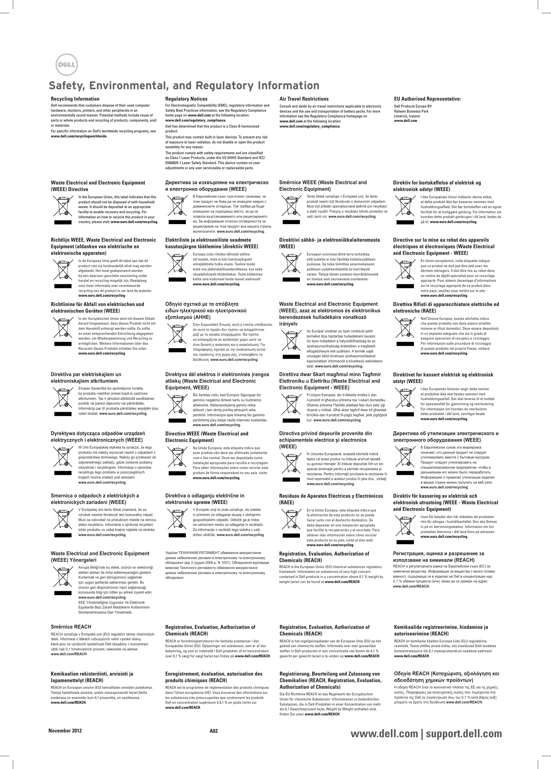 Recycling InformationDell recommends that customers dispose of their used computer hardware, monitors, printers, and other peripherals in an environmentally sound manner. Potential methods include reuse of parts or whole products and recycling of products, components, and/or materials. For specific information on Dell’s worldwide recycling programs, see www.dell.com/recyclingworldwide.Regulatory NoticesFor Electromagnetic Compatibility (EMC), regulatory information and Safety Best Practices information, see the Regulatory Compliance home page on www.dell.com at the following location:  www.dell.com/regulatory_compliance.Dell has determined that this product is a Class B harmonized product.This product may contain built-in laser devices. To prevent any risk of exposure to laser radiation, do not disable or open the product assembly for any reason.The product comply with safety requirements and are classified as Class 1 Laser Products, under the US DHHS Standard and IEC/EN60825-1 Laser Safety Standard. This device contain no user adjustments or any user serviceable or replaceable parts.Air Travel RestrictionsConsult and abide by air travel restrictions applicable to electronic devices and the use and transportation of battery packs. For more information see the Regulatory Compliance homepage on  www.dell.com at the following location:  www.dell.com/regulatory_compliance.EU Authorised Representative:Dell Products Europe BV Raheen Business Park Limerick, Ireland www.dell.comWaste Electrical and Electronic Equipment (WEEE) DirectiveIn the European Union, this label indicates that this product should not be disposed of with household waste. It should be deposited at an appropriate facility to enable recovery and recycling. For information on how to recycle this product in your country, please visit: www.euro.dell.com/recycling.Директива за изхвърляне на електрическо и електронно оборудване (WEEE)В Европейския съюз този етикет означава, че този продукт не бива да се изхвърля заедно с домакинските отпадъци. Той трябва да бъде изхвърлен на подходящо място, за да се позволи възстановяването или рециклирането му. За информация относно отговорността за рециклиране на този продукт във вашата страна, моляпосетете: www.  euro.  dell.  com/  recycling.Směrnice WEEE (Waste Electrical and Electronic Equipment)Tento štítek označuje v Evropské unii, že tento produkt nesmí být likvidován s domovním odpadem. Musí být předán specializované sběrně pro recyklaci a další využití. Pokyny o recyklaci tohoto produktu ve vaší zemi viz: www.  euro.  dell.  com/  recycling.Direktiv for bortskaffelse af elektrisk og elektronisk udstyr (WEEE)I den Europæiske Union indikerer denne etiket, at dette produkt ikke bør kasseres sammen med husholdningsaffald. Det bør bortskaffes ved en egnet facilitet for at muliggøre genbrug. For information om hvordan dette produkt genbruges i dit land, bedes du gå til: www.  euro.  dell.  com/  recycling.Richtlijn WEEE, Waste Electrical and Electronic Equipment (afdanken van elektrische en elektronische apparaten)In de Europese Unie geeft dit label aan dat dit product niet via huishoudelijk afval mag worden afgedankt. Het moet gedeponeerd worden bij een daarvoor geschikte voorziening zodat herstel en recycling mogelijk zijn. Raadpleeg voor meer informatie over verantwoorde recycling van dit product in uw land de website: www.  euro.  dell.  com/  recycling.Elektriliste ja elektrooniliste seadmete kasutusjärgne töötlemine (direktiiv WEEE)Euroopa Liidu riikides tähistab selline silt toodet, mida ei tohi kasutusjärgselt olmejäätmete hulka visata. Taoline toode tuleb viia jäätmekäitlusettevõttesse, kus seda nõuetekohaselt töödeldakse. Toote käitlemise kohta oma kodumaal leiate teavet aadressilt www.  euro.  dell.  com/  recycling.Direktiivi sähkö- ja elektroniikkalaiteromusta (WEEE)Euroopan unionissa tämä tarra tarkoittaa, että tuotetta ei tule hävittää kotitalousjätteen joukossa. Se tulee toimittaa asianmukaiseen paikkaan uudelleenkäyttöä tai kierrätystä varten. Tietoja tämän tuotteen kierrättämisestä eri maissa saat seuraavasta osoitteesta: www.  euro.  dell.  com/  recycling.Directive sur la mise au rebut des appareils électriques et électroniques (Waste Electrical and Electronic Equipment - WEEE)En Union européenne, cette étiquette indique que ce produit ne doit pas être jeté avec les déchets ménagers. Il doit être mis au rebut dans un centre de dépôt spécialisé pour un recyclage approprié. Pour obtenir davantage d’informations sur le recyclage approprié de ce produit dans votre pays, veuillez vous rendre sur le site : www.  euro.  dell.  com/  recycling.Richtlinine für Abfall von elektrischen und elektronischen Geräten (WEEE)In der Europäischen Union wird mit diesem Etikett darauf hingewiesen, dass dieses Produkt nicht mit dem Hausmüll entsorgt werden sollte. Es sollte an einer entsprechenden Einrichtung abgegeben werden, um Wiedergewinnung und Recycling zu ermöglichen. Weitere Informationen über das Recyceln dieses Produkts erhalten Sie unter: www.  euro.  dell.  com/  recycling.Οδηγία σχετικά με τα απόβλητα ειδών ηλεκτρικού και ηλεκτρονικού εξοπλισμού (ΑΗΗΕ)Στην Ευρωπαϊκή Ένωση, αυτή η ετικέτα υποδεικνύει ότι αυτό το προϊόν δεν πρέπει να απορρίπτεται μαζί με τα οικιακά απορρίμματα. Θα πρέπει να αποκομίζεται σε κατάλληλο χώρο ώστε να είναι δυνατή η ανάκτηση και η ανακύκλωση. Για πληροφορίες σχετικά με την ανακύκλωση αυτού του προϊόντος στη χώρα σας, επισκεφθείτε τη διεύθυνση: www.  euro.  dell.  com/  recycling.Waste Electrical and Electronic Equipment (WEEE), azaz az elektromos és elektronikus berendezések hulladékaira vonatkozó irányelvAz Európai Unióban az ilyen címkével jelölt terméket tilos háztartási hulladékként kezelni. Az ilyen hulladékot a helyreállíthatóság és az újrahasznosíthatóság érdekében a megfelelő elfogadóhelyre kell szállítani. A termék saját országán belül érvényes újrahasznosításával kapcsolatban információt a következő weboldalon talál: www.  euro.  dell.  com/  recycling.Direttiva Rifiuti di apparecchiature elettriche ed elettroniche (RAEE)Nell’Unione Europea, questa etichetta indica che questo prodotto non deve essere smaltito insieme ai rifiuti domestici. Deve essere depositato in un impianto adeguato che sia in grado di eseguire operazioni di recupero e riciclaggio. Per informazioni sulle procedure di riciclaggio di questo prodotto nel proprio Paese, visitare: www.  euro.  dell.  com/  recycling.Direktīva par elektriskajiem un elektroniskajiem atkritumiemEiropas Savienībā šis apzīmējums norāda, ka produktu nedrīkst izmest kopā ar sadzīves atkritumiem. Tas ir jānodod atbilstošā savākšanas punktā, lai pareizi atjaunotu vai pārstrādātu. Informāciju par šī produkta pārstrādes iespējām jūsu valstī skatiet: www.  euro.  dell.  com/  recycling.Direktyva dėl elektros ir elektroninės įrangos atliekų (Waste Electrical and Electronic Equipment, WEEE)Šis ženklas rodo, kad Europos Sąjungoje šio gaminio negalima išmesti kartu su buitinėmis atliekomis. Nebenaudojamą gaminį reikia atiduoti į tam skirtą punktą atnaujinti arba perdirbti. Informacijos apie tinkamą šio gaminio perdirbimą jūsų šalyje rasite interneto svetainėje: www.  euro.  dell.  com/  recycling.Direttiva dwar Skart magħmul minn Tagħmir Elettroniku u Elettriku (Waste Electrical and Electronic Equipment - WEEE)Fl-Unjoni Ewropea, din it-tikketta tindika li dan il-prodott m’għandux jintrema ma’ l-iskart domestiku. Għandu jintrema f’faċilità adattata fejn ikun jista’ jiġi rkuprat u riċiklat. Għal aktar tagħrif dwar kif għandek tirriċikla dan il-prodott fil-pajjiż tiegħek, jekk jogħġbok żur: www.  euro.  dell.  com/  recycling.Direktivet for kassert elektrisk og elektronisk utstyr (WEEE)I den Europeiske Unionen angir dette merket at produktet ikke skal kastes sammen med husholdningsavfall. Det skal leveres til et mottak for spesialavfall for gjenvinning og resirkulering. For informasjon om hvordan du resirkulerer dette produktet i ditt land, vennligst besøk: www.  euro.  dell.  com/  recycling.Dyrektywa dotycząca odpadów urządzeń elektrycznych i elektronicznych (WEEE)W Unii Europejskiej etykieta ta oznacza, że tego produktu nie należy wyrzucać razem z odpadami z gospodarstwa domowego. Należy go przekazać do odpowiedniego zakładu, gdzie zostanie poddany odzyskowi i recyklingowi. Informacje o sposobie recyklingu tego produktu w poszczególnych krajach można znaleźć pod adresem: www.  euro.  dell.  com/  recycling.Directiva WEEE (Waste Electrical and Electronic Equipment)Na União Europeia, esta etiqueta indica que esse produto não deve ser eliminado juntamente com o lixo normal. Deve ser depositado numa instalação apropriada para recolha e reciclagem. Para obter informações sobre como reciclar este produto de forma responsável no seu país, visite: www.  euro.  dell.  com/  recycling.Directiva privind deşeurile provenite din echipamentele electrice şi electronice (WEEE)În Uniunea Europeană, această etichetă indică faptul că acest produs nu trebuie aruncat laolată cu gunoiul menajer. El trebuie depozitat într-un loc special amenajat pentru a permite recuperarea şi reciclarea. Pentru informaţii privitoare la reciclarea în mod reponsabil a acestui produs în ţara dvs., vizitaţi: www.  euro.  dell.  com/  recycling.Директива об утилизации электрического и электронного оборудования (WEEE)В Европейском союзе эта маркировка означает, что данный продукт не следует утилизировать вместе с бытовым мусором. Продукт следует утилизировать на специализированном предприятии, чтобы в дальнейшем его можно было переработать. Информацию о правилах утилизации изделия в вашей стране можно получить на веб узле: www.  euro.  dell.  com/  recycling.Smernica o odpadoch z elektrických a elektronických zariadení (WEEE)V Európskej únii tento štítok znamená, že sa výrobok nesmie likvidovať ako komunálny odpad. Musí sa odovzdať na príslušnom mieste na obnovu alebo recykláciu. Informácie o správnej recyklácii tohto produktu vo vašej krajine nájdete na stránke: www.  euro.  dell.  com/  recycling.Direktiva o odlaganju električne in elektronske opreme (WEEE)V Evropski uniji ta znak označuje, da izdelek ni primeren za odlaganje skupaj z običajnimi gospodinjskimi odpadki. Odložiti ga je treba  na ustreznem mestu za odlaganje in reciklažo.  Za informacije o reciklaži tega izdelka v vaši  državi obiščite: www.  euro.  dell.  com/  recycling.Residuos de Aparatos Eléctricos y Electrónicos (RAEE)En la Unión Europea, esta etiqueta indica que la eliminación de este producto no se puede hacer junto con el deshecho doméstico. Se debe depositar en una instalación apropiada que facilite la recuperación y el reciclado. Para obtener más información sobre cómo reciclar este producto en su país, visite el sitio web: www.  euro.  dell.  com/  recycling.Direktiv för kassering av elektrisk och elektronisk utrustning (WEEE - Waste Electrical and Electronic Equipment)Inom EU betyder den här etiketten att produkten inte får slängas i hushållsavfallet. Den ska lämnas in på en återvinningsstation. Information om hur produkten återvinns i ditt land finns på adressen www.  euro.  dell.  com/  recycling.Waste Electrical and Electronic Equipment (WEEE) YönergeleriAvrupa Birliği’nde bu etiket, ürünün ev elektroniği aletleri atıkları ile imha edilemeyeceğini gösterir. Kurtarmak ve geri dönüşümünü sağlamak için uygun şartlarda saklanması gerekir. Bu ürünün geri döşünümünün nasıl sağlanacağı konusunda bilgi için lütfen şu adresi ziyaret edin: www.  euro.  dell.  com/  recycling.  EEE Yönetmeliğine Uygundur Ve Elektronik Eşyalarda Bazi Zararli Maddelerin Kullaniminin Sinirlandirilmasina Dair Yönetmelik.України ТЕХНІЧНИЙ РЕГЛАМЕНТ обмеження використання деяких небезпечних речовин в електричному та електронному обладнанні (від 3 грудня 2008 р. N 1057): Обладнання відповідає вимогам Технічного регламенту обмеження використання деяких небезпечних речовин в електричному та електронному обладнанні.Registration, Evaluation, Authorization of Chemicals (REACH)REACH is the European Union (EU) chemical substances regulatory framework. Information on substances of very high concern contained in Dell products in a concentration above 0.1 % weight by weight (w/ w) can be found at www. dell. com/ REACH.Регистрация, оценка и разрешение за използване на химикали (REACH)REACH е регулаторната рамка на Европейския съюз (ЕС) за химически вещества. Информация за вещества с много голяма важност, съдържащи се в изделия на Dell в концентрация над 0,1 % обемни процента (w/ w), може да се намери на адрес www. dell. com/ REACH.Směrnice REACHREACH označuje v Evropské unii (EU) regulační rámec chemických látek. Informace o látkách vzbuzujících velmi vysoké obavy, které jsou ve výrobcích společnosti Dell obsaženy v koncentraci větší než 0,1 hmotnostních procent, naleznete na adrese www. dell. com/ REACH.Registration, Evaluation, Authorization of Chemicals (REACH)REACH er forordningsstrukturen for kemiske substanser i den Europæiske Union (EU). Oplysninger om substanser, som er af stor bekymring, og som er indeholdt i Dell-produkter af en koncentration over 0,1 % vægt for vægt (w/ w) kan findes på www. dell. com/ REACH.Registration, Evaluation, Authorization of Chemicals (REACH)REACH is het regelgevingskader van de Europese Unie (EU) op het gebied van chemische stoffen. Informatie over zeer gevaarlijke stoffen in Dell-producten in een concentratie van boven de 0,1 % gewicht per gewicht (w/w) is te vinden op www.dell.com/REACH.Kemikaalide registreerimine, hindamine ja autoriseerimine (REACH)REACH on kemikaale käsitlev Euroopa Liidu (ELi) regulatiivne raamistik. Teave ohtlike ainete kohta, mis sisalduvad Delli toodetes kontsentratsioonis üle 0,1 massiprotsendi,on saadaval aadressil www.dell.com/REACH.Kemikaalien rekisteröinti, arviointi ja lupamenettelyt (REACH)REACH on Euroopan unionin (EU) kemiallisten aineiden puitekehys. Tietoja haitallisista aineista, joiden massaprosentti (w/ w) Dellin tuotteissa on enemmän kuin 0,1 prosenttia, on osoitteessa www. dell. com/ REACH.Enregistrement, évaluation, autorisation des produits chimiques (REACH)REACH est le programme de réglementation des produits chimiques dans l’Union européenne (UE). Vous trouverez des informations sur les substances très préoccupantes que contiennent les produits Dell en concentration supérieure à 0,1 % en poids (m/ m) sur www. dell. com/ REACH.Registrierung, Beurteilung und Zulassung von Chemikalien (REACH, Registration, Evaluation, Authorization of Chemicals)Die EU-Richtlinie REACH ist das Regelwerk der Europäischen Union für chemische Substanzen. Informationen zu bedenklichen Substanzen, die in Dell-Produkten in einer Konzentration von mehr als 0,1 Gewichtsprozent (w/ w, Weight by Weigh) enthalten sind, finden Sie unter www. dell. com/ REACH.Οδηγία REACH (Καταχώριση, αξιολόγηση και αδειοδότηση χημικών προϊόντων)Η οδηγία REACH είναι το κανονιστικό πλαίσιο της ΕΕ για τις χημικές ουσίες. Πληροφορίες για ανησυχητικές ουσίες που περιέχονται στα προϊόντα της Dell σε συγκέντρωση άνω του 0,1 % κατά βάρος (κ/ β) μπορείτε να βρείτε στη διεύθυνση www. dell. com/ REACH.Safety, Environmental, and Regulatory InformationNovember 2012 www.dell.com | support.dell.comA02
