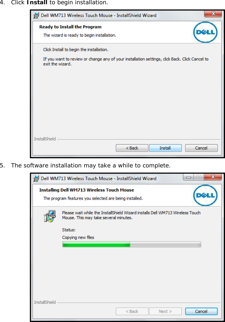 4. Click Install to begin installation.  5. The software installation may take a while to complete.                   