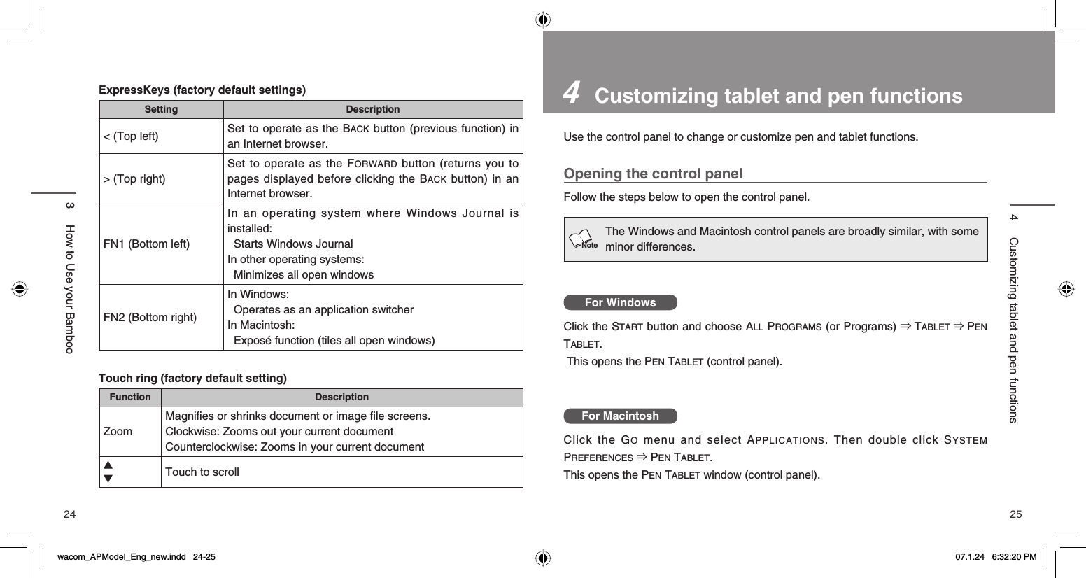 24 254   Customizing tablet and pen functionsUse the control panel to change or customize pen and tablet functions.Opening the control panelFollow the steps below to open the control panel.The Windows and Macintosh control panels are broadly similar, with some minor differences. For WindowsClick the START button and choose ALL PROGRAMS (or Programs) ⇒TABLET ⇒PEN TABLET.  This opens the PEN TABLET (control panel).For MacintoshClick the GO menu and select APPLICATIONS. Then double click SYSTEM PREFERENCES ⇒ PEN TABLET. This opens the PEN TABLET window (control panel).ExpressKeys (factory default settings)Setting Description&lt; (Top left) Set to operate as the BACK button (previous function) in an Internet browser.&gt; (Top right)Set to operate as the FORWARD button (returns you to pages displayed before clicking the BACK button) in an Internet browser. FN1 (Bottom left)In an operating system where Windows Journal is installed:  Starts Windows JournalIn other operating systems:  Minimizes all open windowsFN2 (Bottom right)In Windows:  Operates as an application switcherIn Macintosh:   Exposé function (tiles all open windows)Touch ring (factory default setting)Function DescriptionZoomMagniﬁ es or shrinks document or image ﬁ le screens. Clockwise: Zooms out your current documentCounterclockwise: Zooms in your current document▲▼Touch to scroll3  How to Use your Bamboo4  Customizing tablet and pen functionsNotewacom_APModel_Eng_new.indd   24-25wacom_APModel_Eng_new.indd   24-25 07.1.24   6:32:20 PM07.1.24   6:32:20 PM