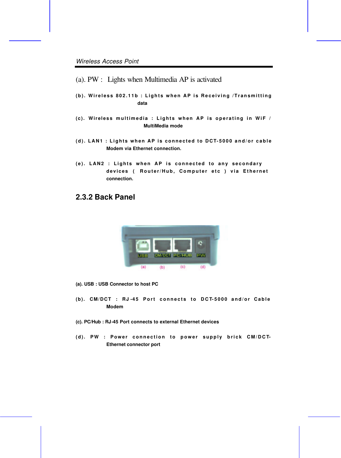 Wireless Access Point       (a). PW :  Lights when Multimedia AP is activated (b). Wireless 802.11b : Lights when AP is Receiving /Transmitting data   (c). Wireless multimedia : Lights when AP is operating in WiF / MultiMedia mode (d). LAN1 : Lights when AP is connected to DCT-5000 and/or cable Modem via Ethernet connection. (e). LAN2 : Lights when AP is connected to any secondary                         devices ( Router/Hub, Computer etc ) via Ethernet     connection.   2.3.2 Back Panel  (a). USB : USB Connector to host PC   (b). CM/DCT : RJ -45 Port connects to DCT-5000 and/or Cable Modem (c). PC/Hub : RJ-45 Port connects to external Ethernet devices (d). PW : Power connection to power supply brick CM/DCT- Ethernet connector port   