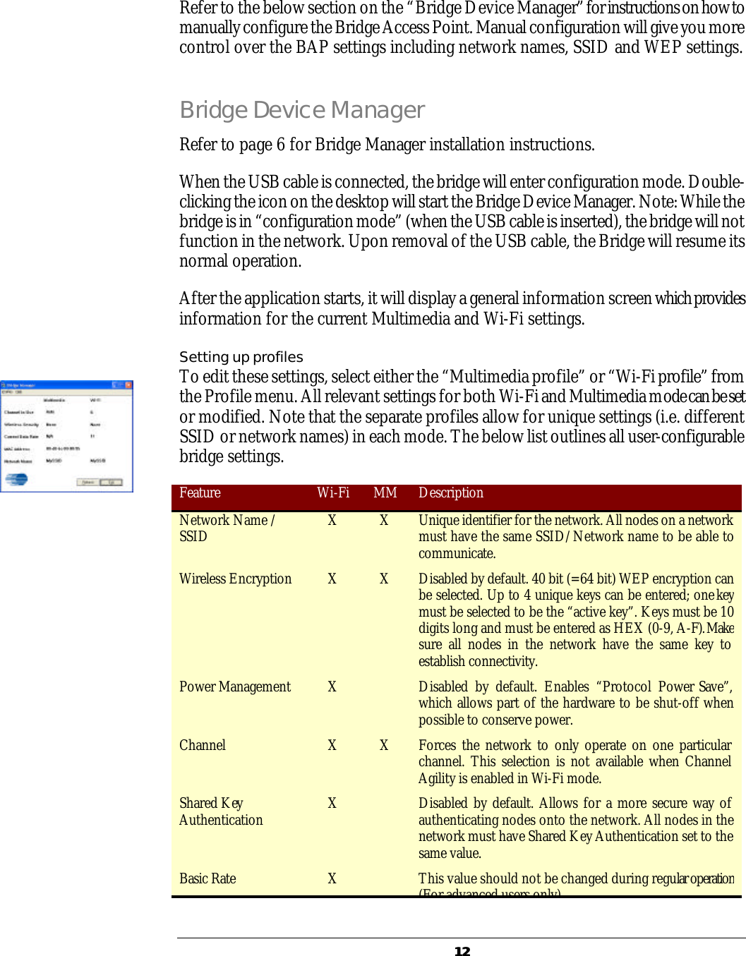   1212 Refer to the below section on the &ldquo;Bridge Device Manager&rdquo; for instructions on how to manually configure the Bridge Access Point. Manual configuration will give you more control over the BAP settings including network names, SSID and WEP settings. Bridge Device Manager Refer to page 6 for Bridge Manager installation instructions. When the USB cable is connected, the bridge will enter configuration mode. Double-clicking the icon on the desktop will start the Bridge Device Manager. Note: While the bridge is in &ldquo;configuration mode&rdquo; (when the USB cable is inserted), the bridge will not function in the network. Upon removal of the USB cable, the Bridge will resume its normal operation. After the application starts, it will display a general information screen which provides information for the current Multimedia and Wi-Fi settings.  Setting up profiles To edit these settings, select either the &ldquo;Multimedia profile&rdquo; or &ldquo;Wi-Fi profile&rdquo; from the Profile menu. All relevant settings for both Wi-Fi and Multimedia mode can be set or modified. Note that the separate profiles allow for unique settings (i.e. different SSID or network names) in each mode. The below list outlines all user-configurable bridge settings. Feature Wi-Fi MM Description Network Name / SSID X X Unique identifier for the network. All nodes on a network must have the same SSID/Network name to be able to communicate. Wireless Encryption X X Disabled by default. 40 bit (=64 bit) WEP encryption can be selected. Up to 4 unique keys can be entered; one key must be selected to be the &ldquo;active key&rdquo;. Keys must be 10 digits long and must be entered as HEX (0-9, A-F). Make sure all nodes in the network have the same key to establish connectivity. Power Management X    Disabled by default. Enables &ldquo;Protocol Power Save&rdquo;, which allows part of the hardware to be shut-off when possible to conserve power. Channel X X Forces the network to only operate on one particular channel. This selection is not available when Channel Agility is enabled in Wi-Fi mode. Shared Key Authentication X    Disabled by default. Allows for a more secure way of authenticating nodes onto the network. All nodes in the network must have Shared Key Authentication set to the same value. Basic Rate X    This value should not be changed during regular operation (For advanced users only). 