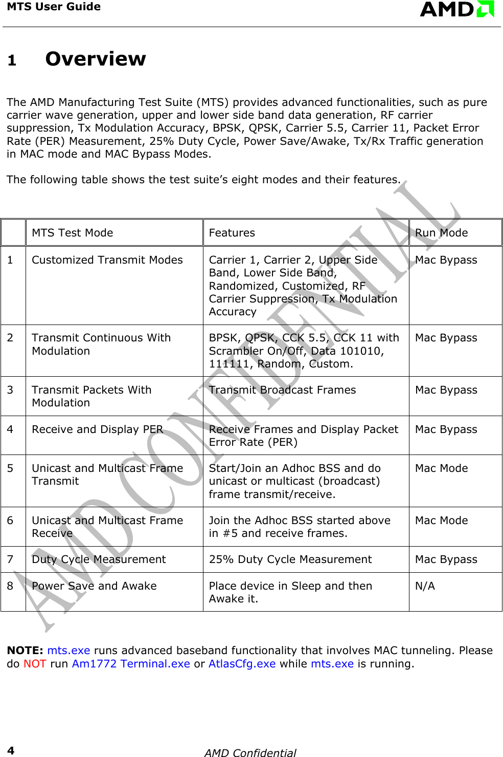 MTS User Guide    1  Overview The AMD Manufacturing Test Suite (MTS) provides advanced functionalities, such as pure carrier wave generation, upper and lower side band data generation, RF carrier suppression, Tx Modulation Accuracy, BPSK, QPSK, Carrier 5.5, Carrier 11, Packet Error Rate (PER) Measurement, 25% Duty Cycle, Power Save/Awake, Tx/Rx Traffic generation in MAC mode and MAC Bypass Modes.  The following table shows the test suite&rsquo;s eight modes and their features.    MTS Test Mode  Features  Run Mode 1  Customized Transmit Modes  Carrier 1, Carrier 2, Upper Side Band, Lower Side Band, Randomized, Customized, RF Carrier Suppression, Tx Modulation Accuracy Mac Bypass 2  Transmit Continuous With Modulation BPSK, QPSK, CCK 5.5, CCK 11 with Scrambler On/Off, Data 101010, 111111, Random, Custom. Mac Bypass 3  Transmit Packets With Modulation Transmit Broadcast Frames  Mac Bypass 4  Receive and Display PER  Receive Frames and Display Packet Error Rate (PER) Mac Bypass 5  Unicast and Multicast Frame Transmit Start/Join an Adhoc BSS and do unicast or multicast (broadcast) frame transmit/receive. Mac Mode 6  Unicast and Multicast Frame Receive Join the Adhoc BSS started above in #5 and receive frames. Mac Mode 7  Duty Cycle Measurement  25% Duty Cycle Measurement  Mac Bypass 8  Power Save and Awake  Place device in Sleep and then Awake it. N/A  NOTE: mts.exe runs advanced baseband functionality that involves MAC tunneling. Please do NOT run Am1772 Terminal.exe or AtlasCfg.exe while mts.exe is running. AMD Confidential    4